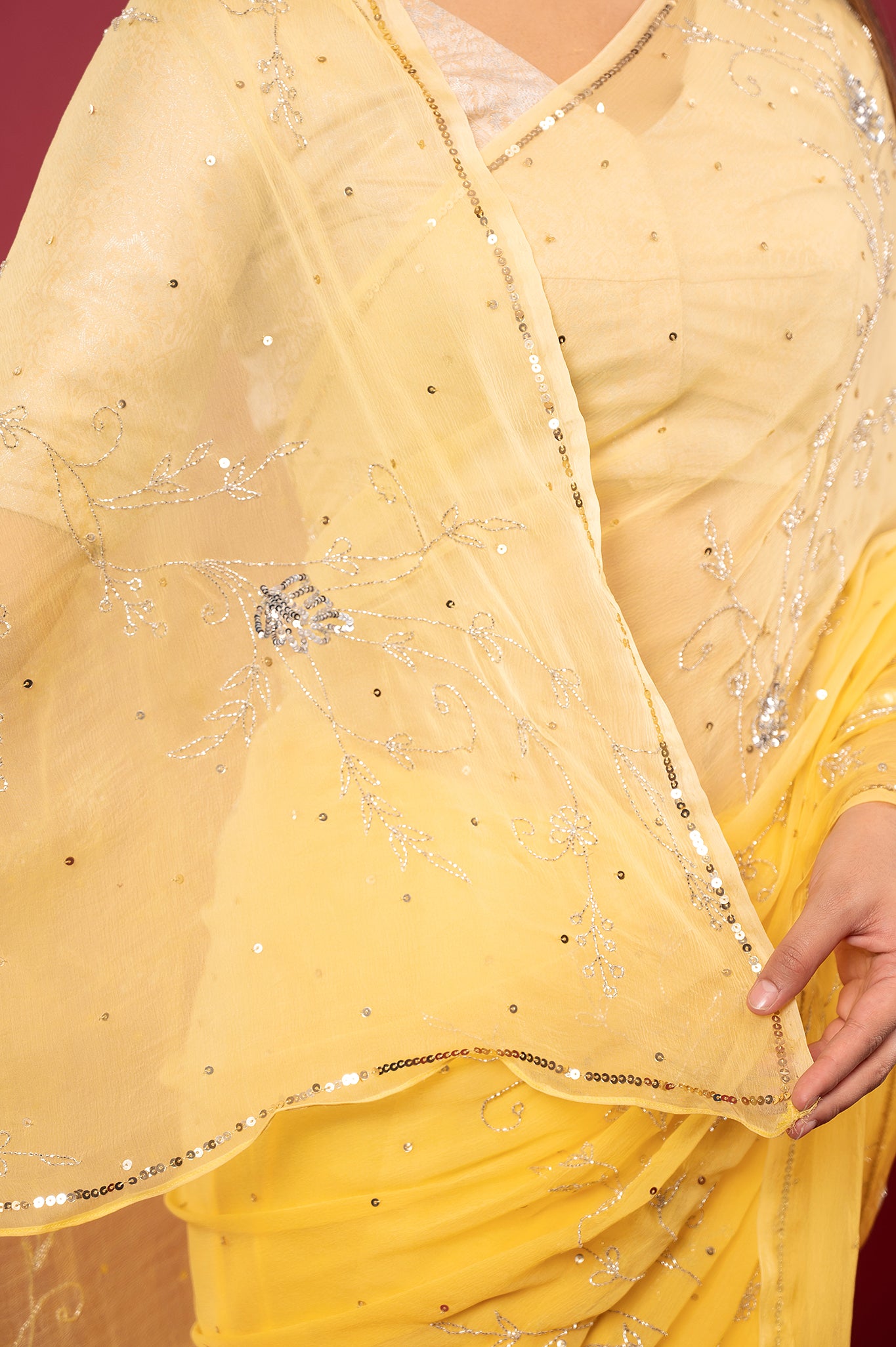 Yellow light dark viscose chiffon Sequins kardana handwork casual wear saree