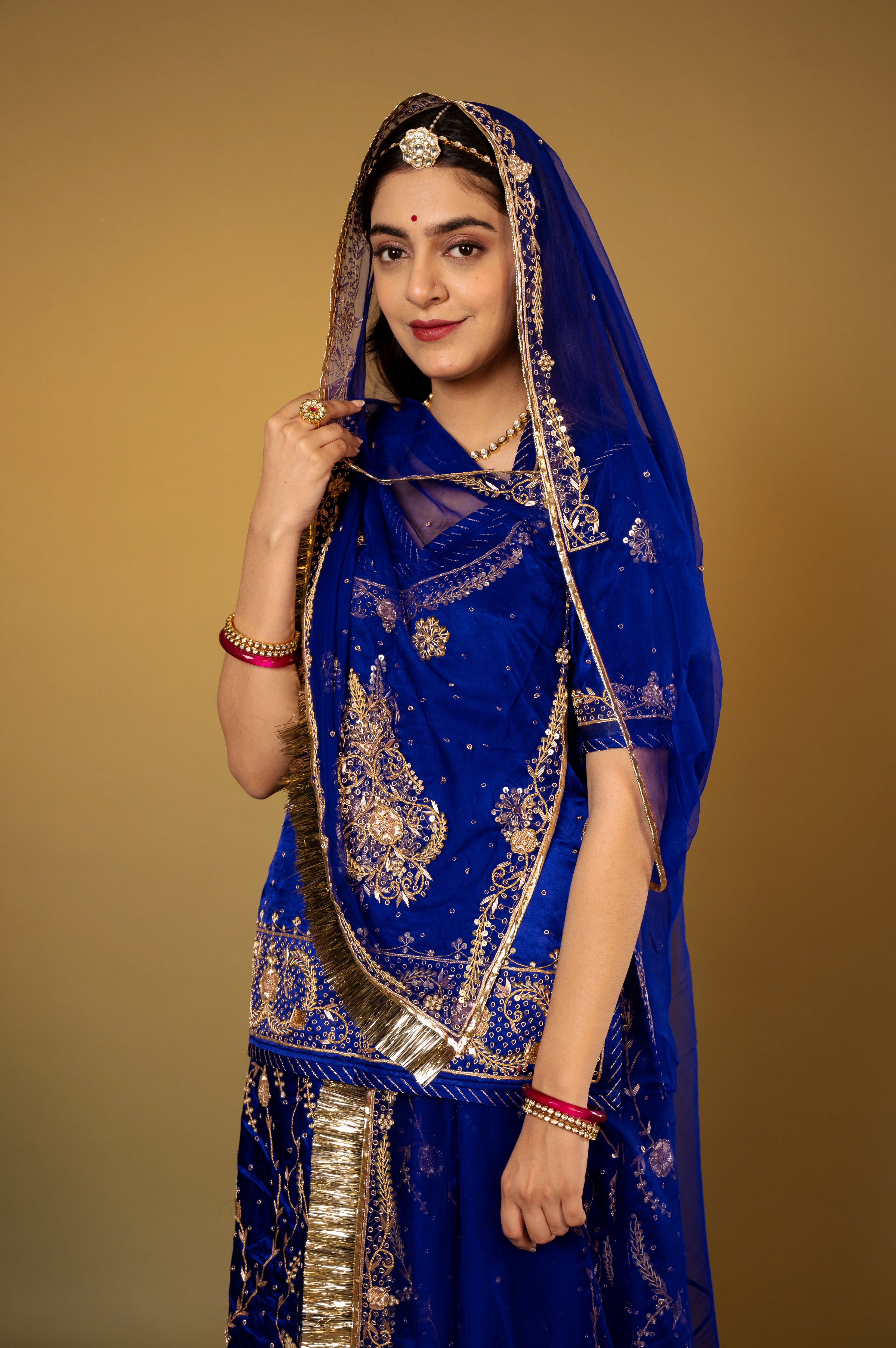 Royal Blue bamber satin kundan zardozi handwork Rajputi Poshak  with Pure odhna