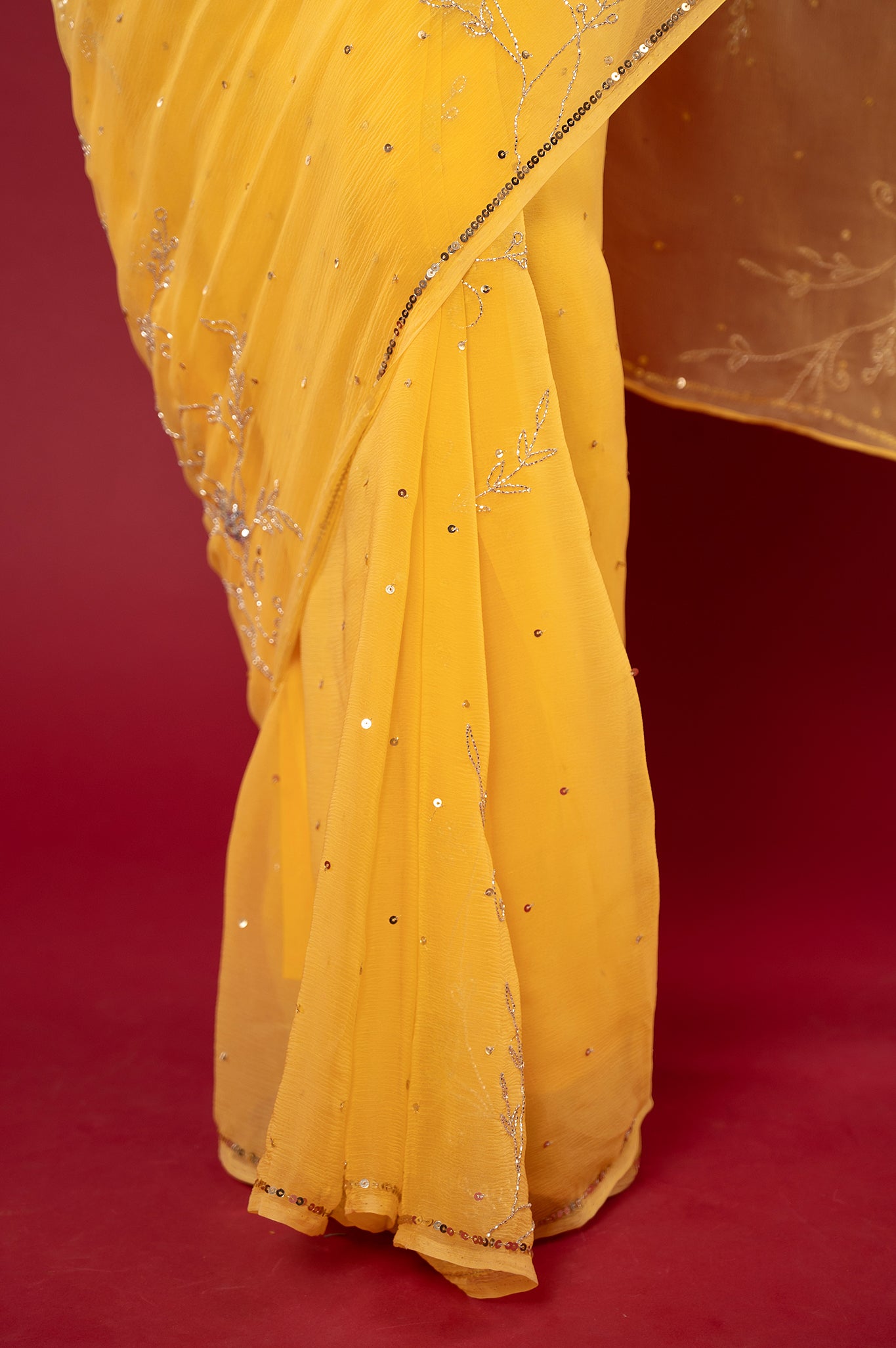 Yellow light dark viscose chiffon Sequins kardana handwork casual wear saree