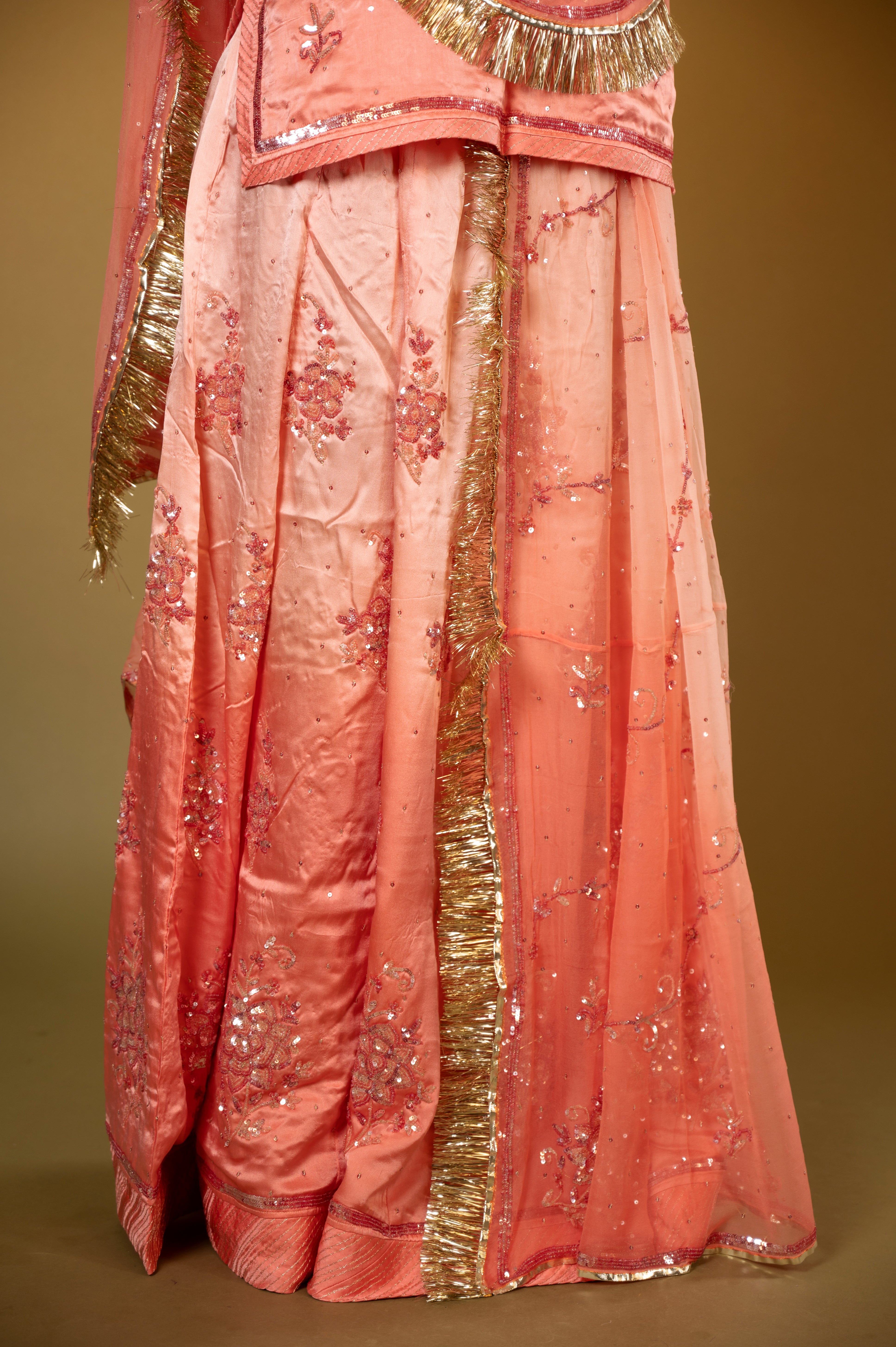 peach light dark bamber satin sequins handwork Rajputi Poshak  with Pure odhna
