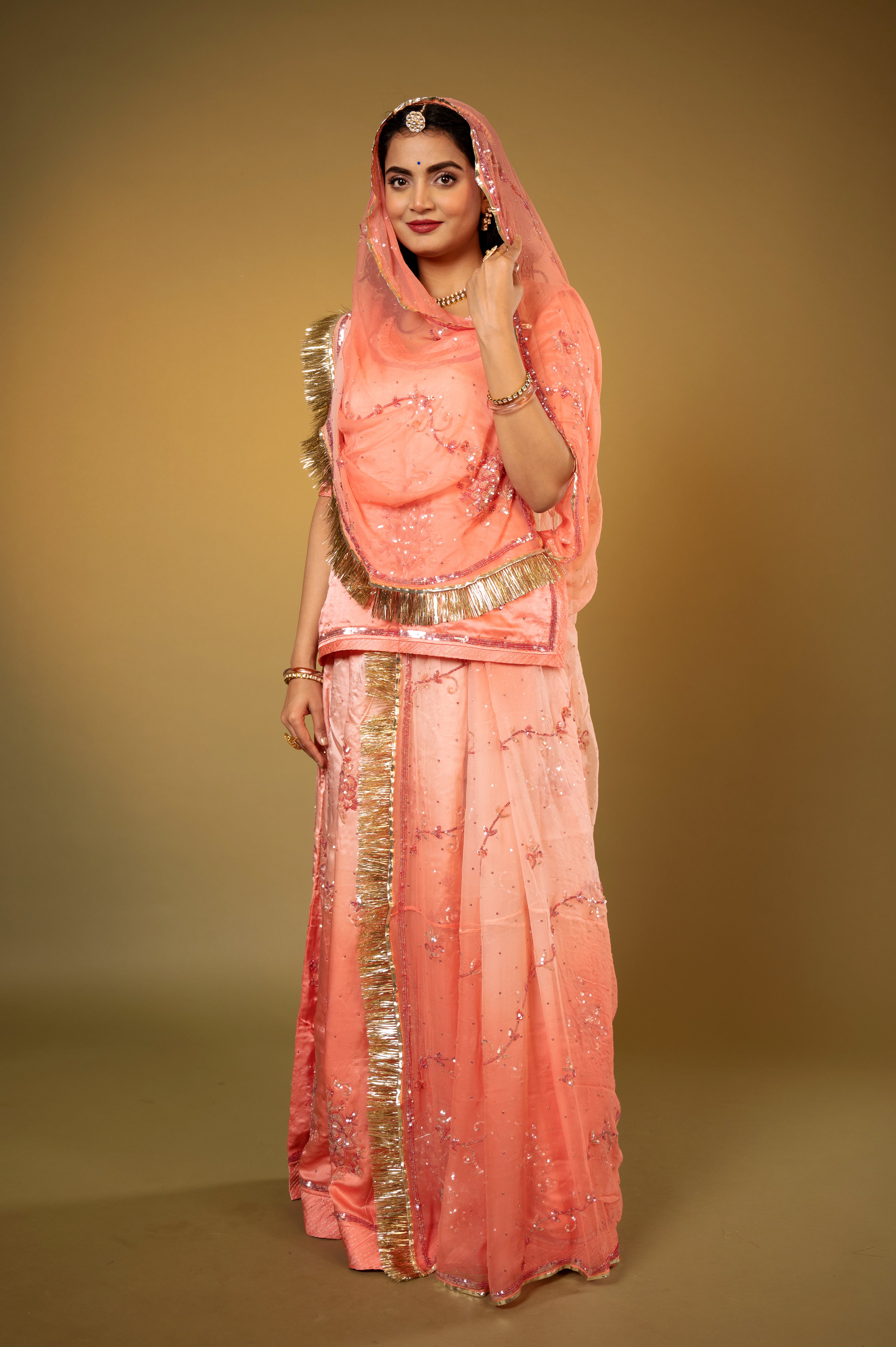 peach light dark bamber satin sequins handwork Rajputi Poshak  with Pure odhna