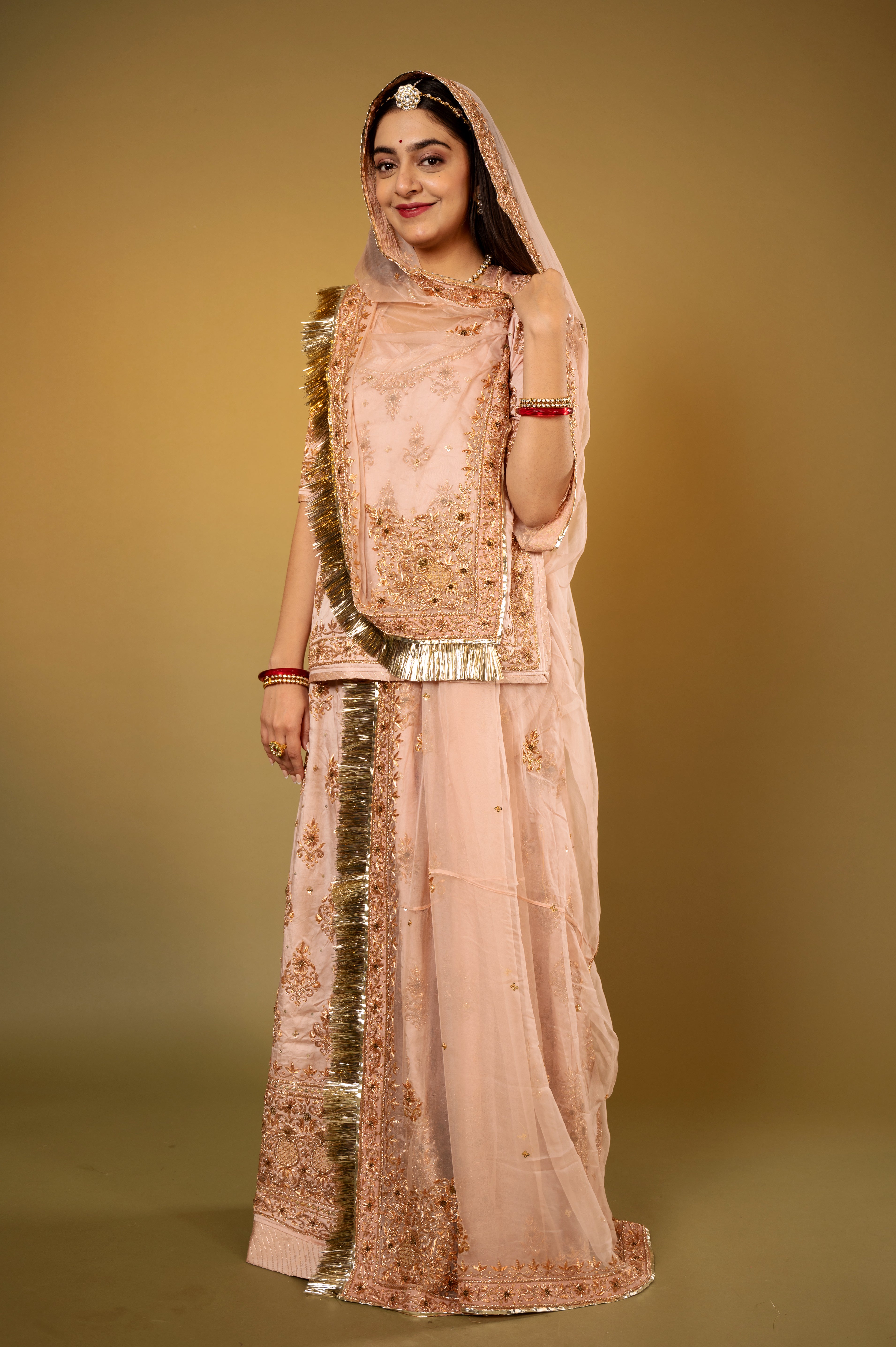 blush pink  Pure Silk Satin zardozi handwork Rajputi Poshak  with Pure odhna