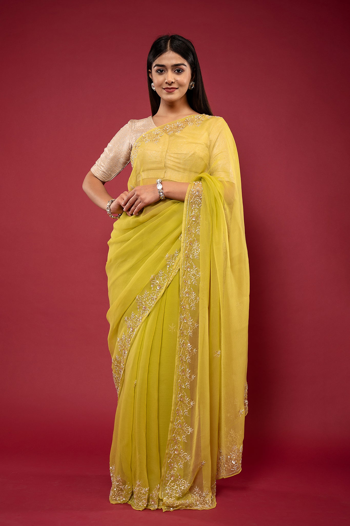 Olive green Viscose chiffon aari sequins kardana border butti handwork casual wear saree