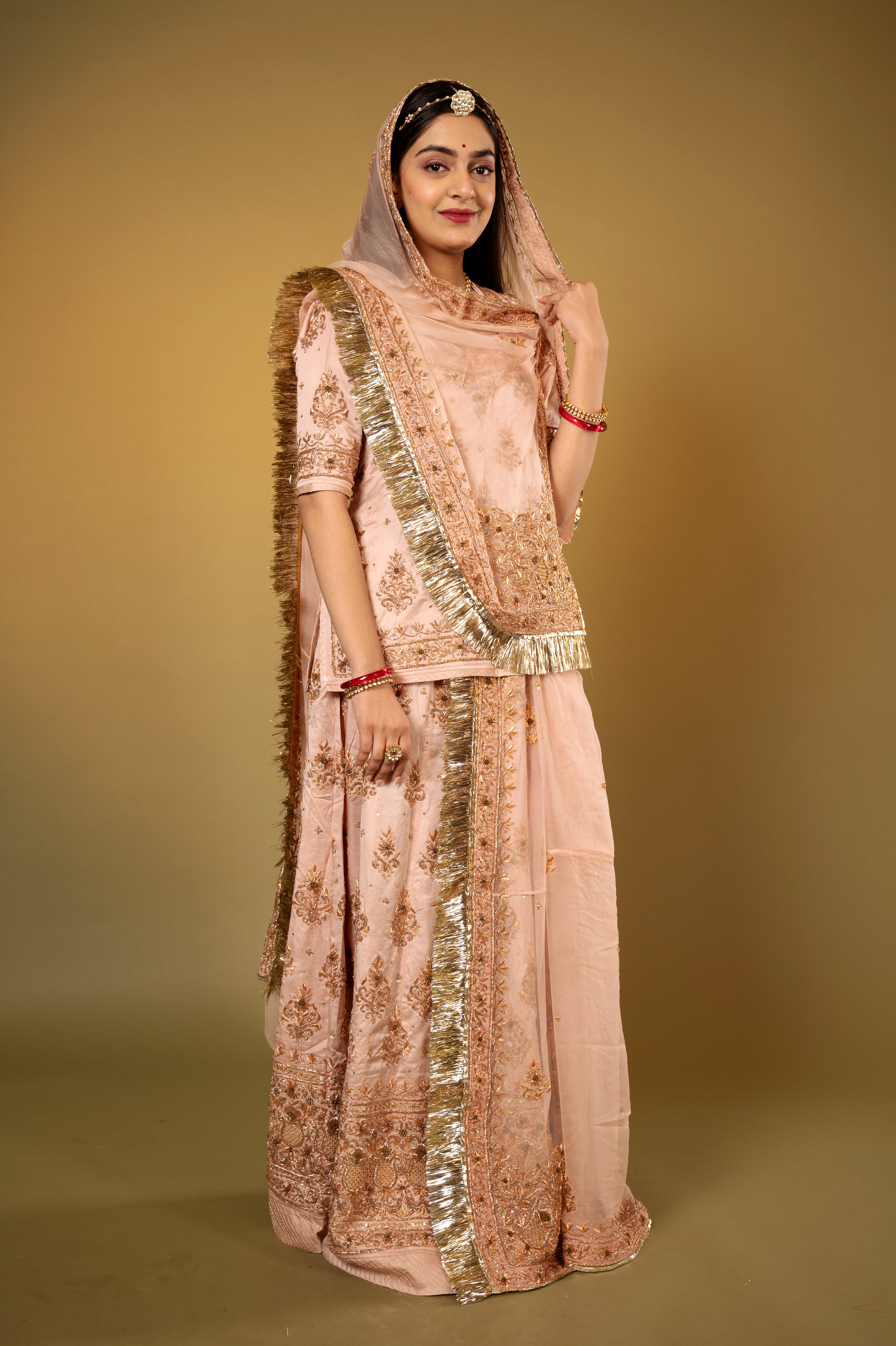 blush pink  Pure Silk Satin zardozi handwork Rajputi Poshak  with Pure odhna
