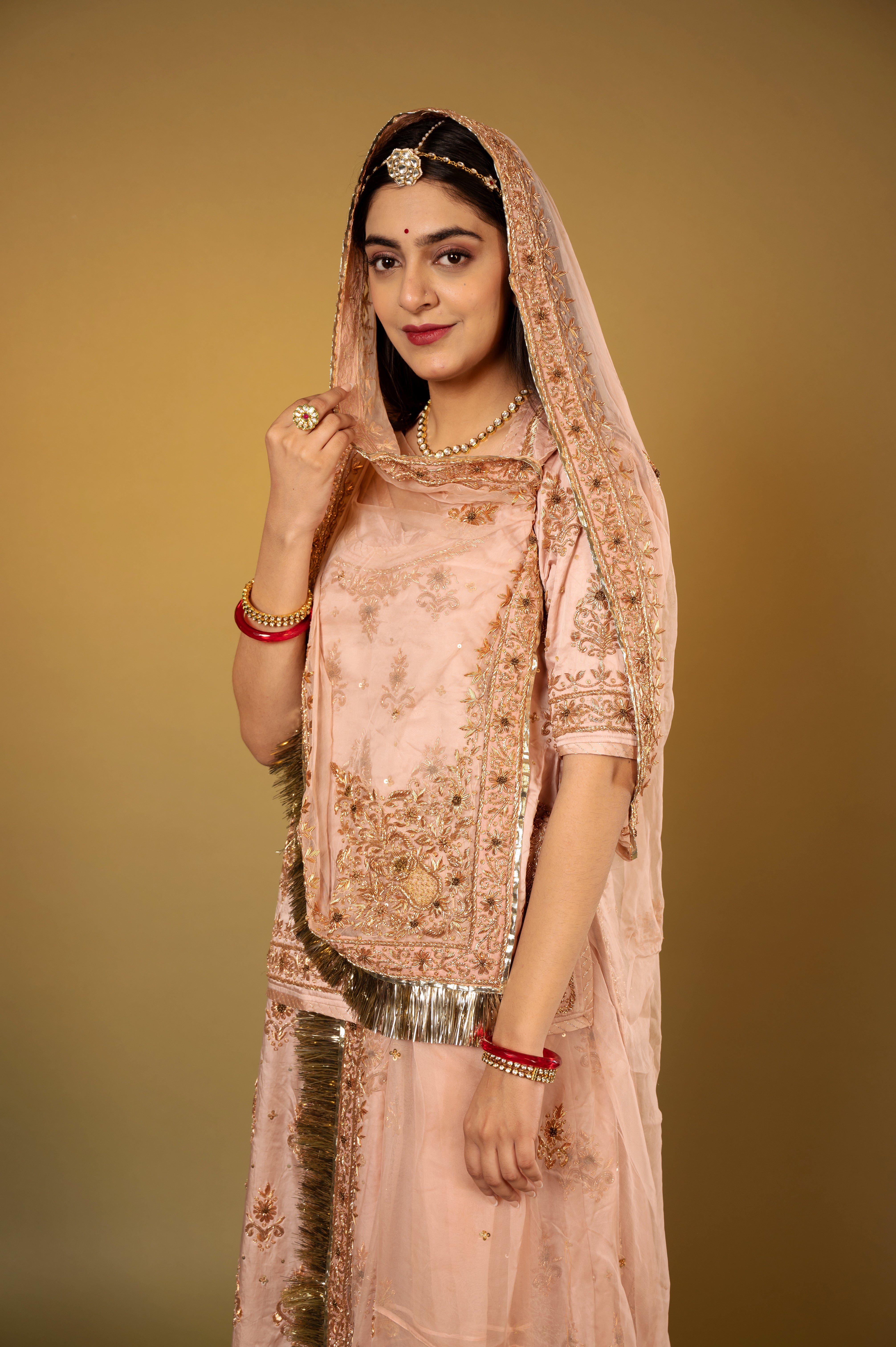 blush pink  Pure Silk Satin zardozi handwork Rajputi Poshak  with Pure odhna