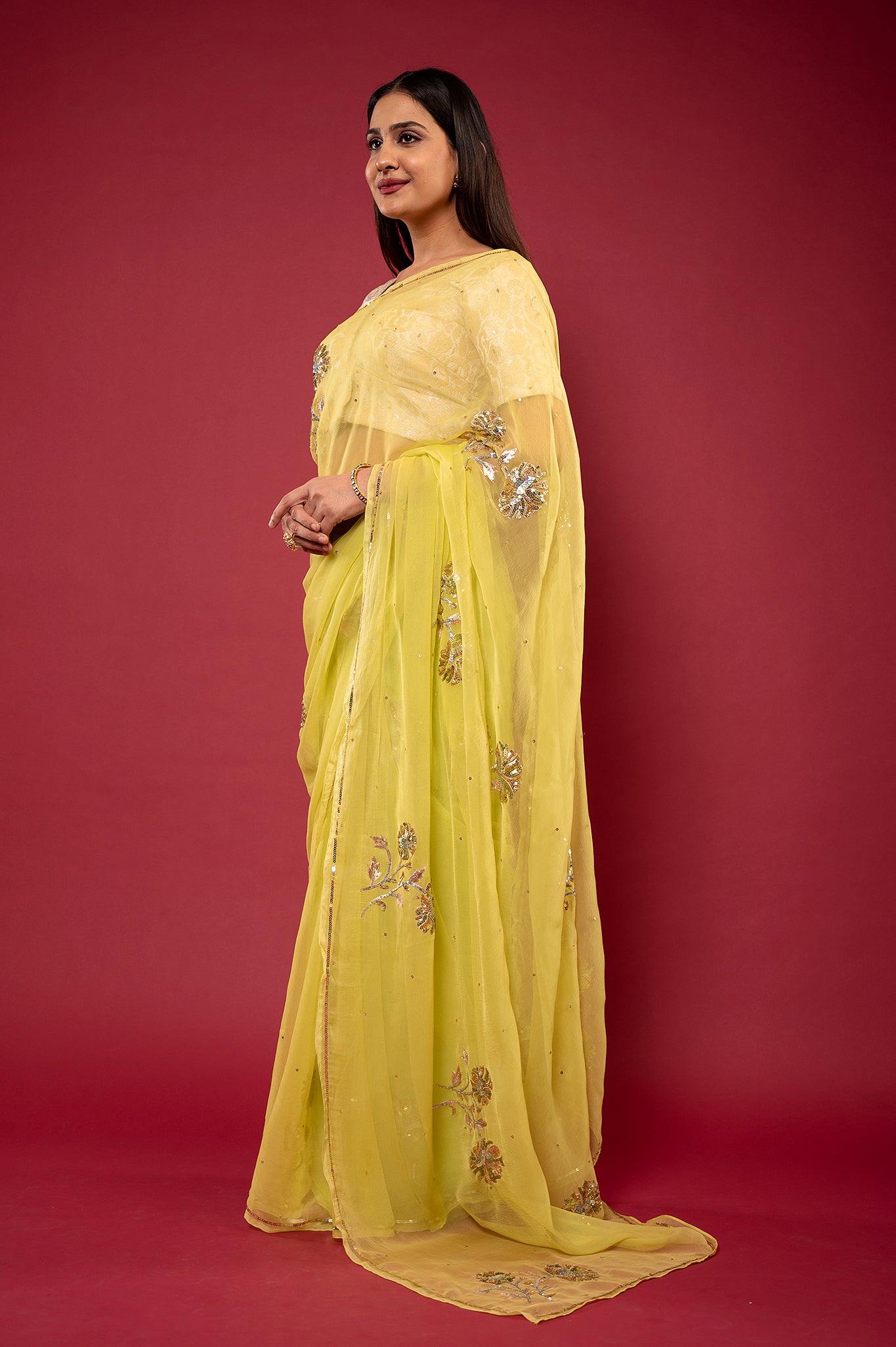 parrot green light dark Viscose chiffon aari sequins motif handwork casual wear saree