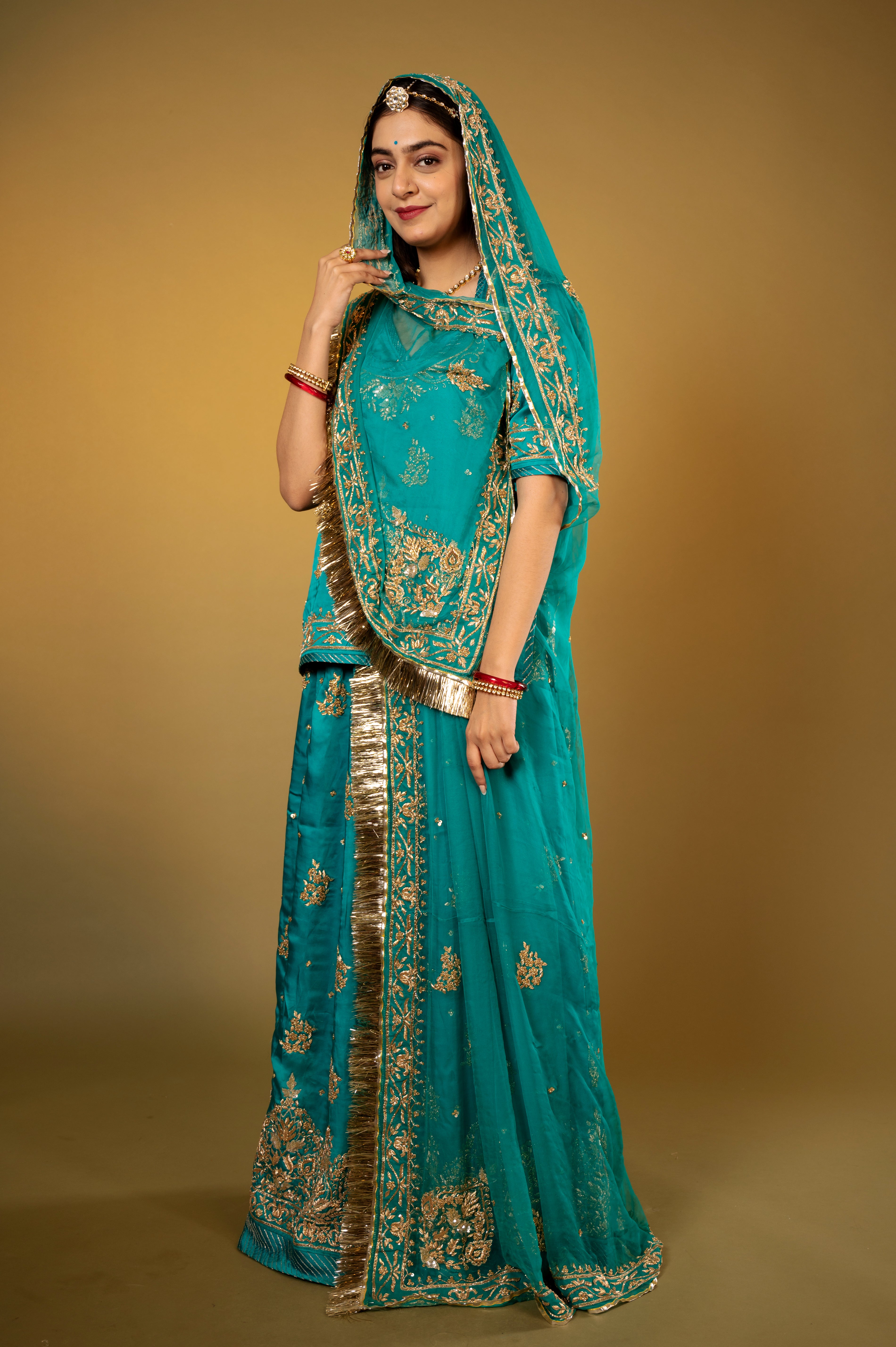 rama blue bamber satin zardozi handwork Rajputi Poshak  with Pure odhna