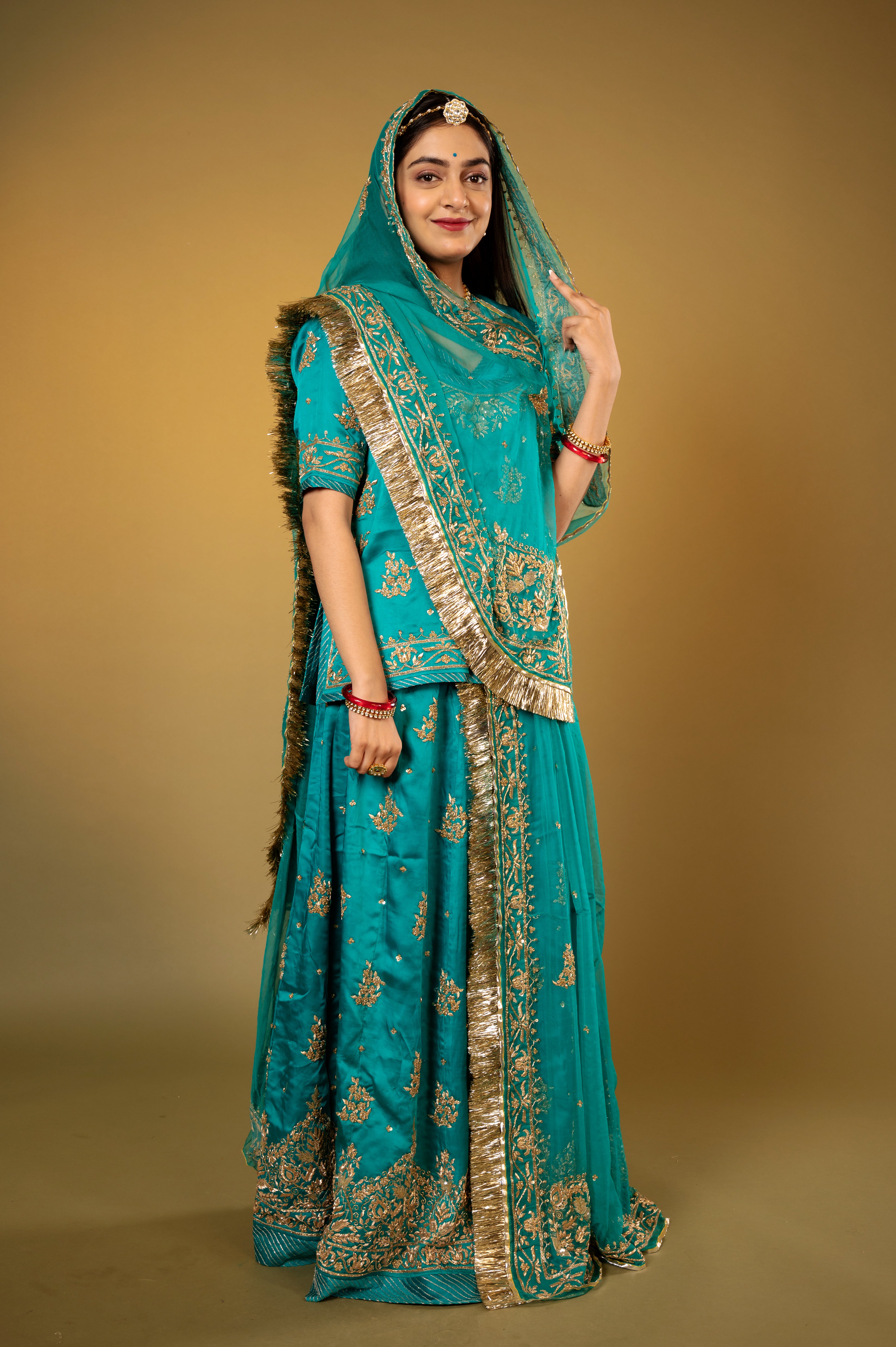 rama blue bamber satin zardozi handwork Rajputi Poshak  with Pure odhna