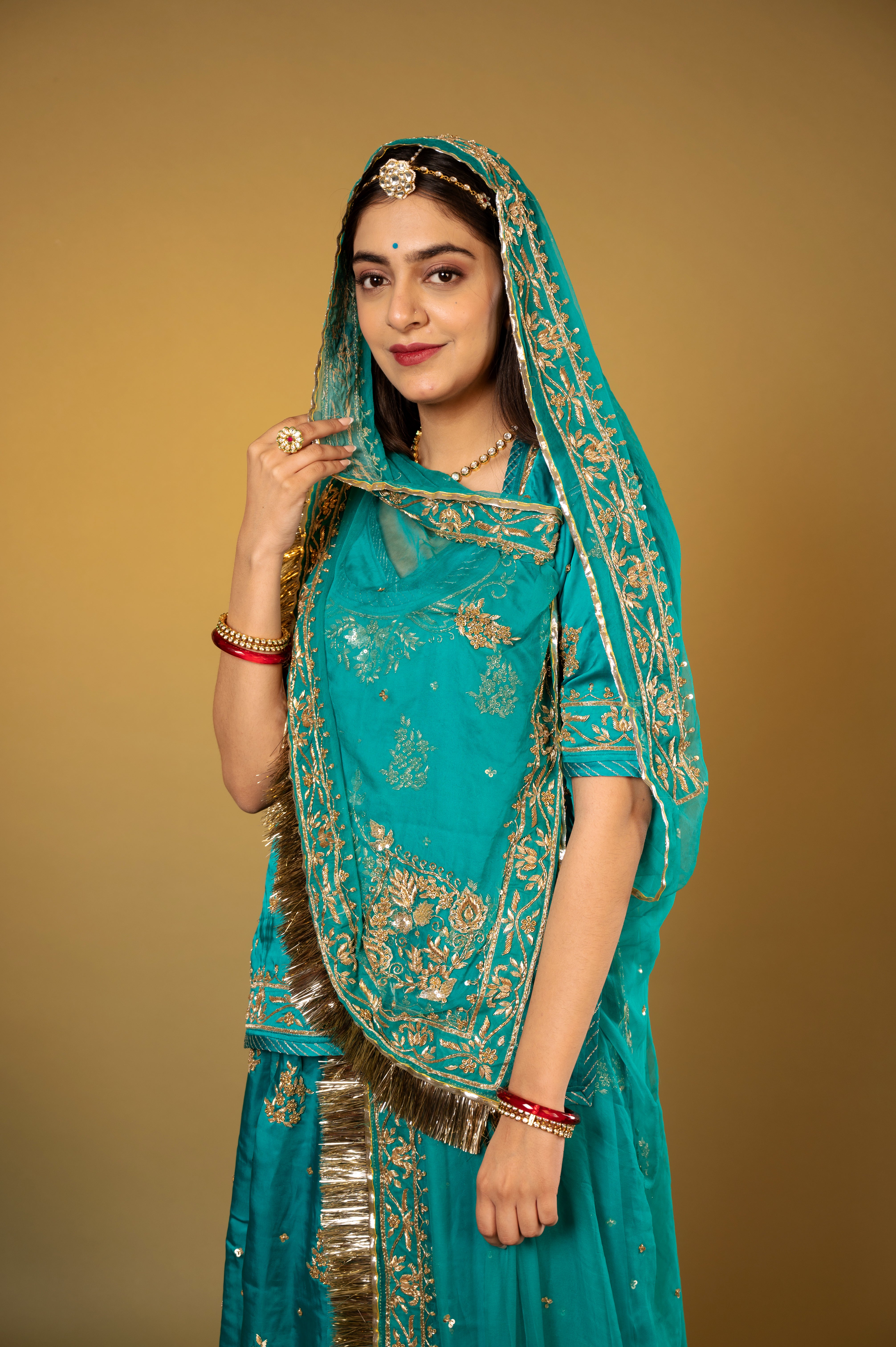 rama blue bamber satin zardozi handwork Rajputi Poshak  with Pure odhna