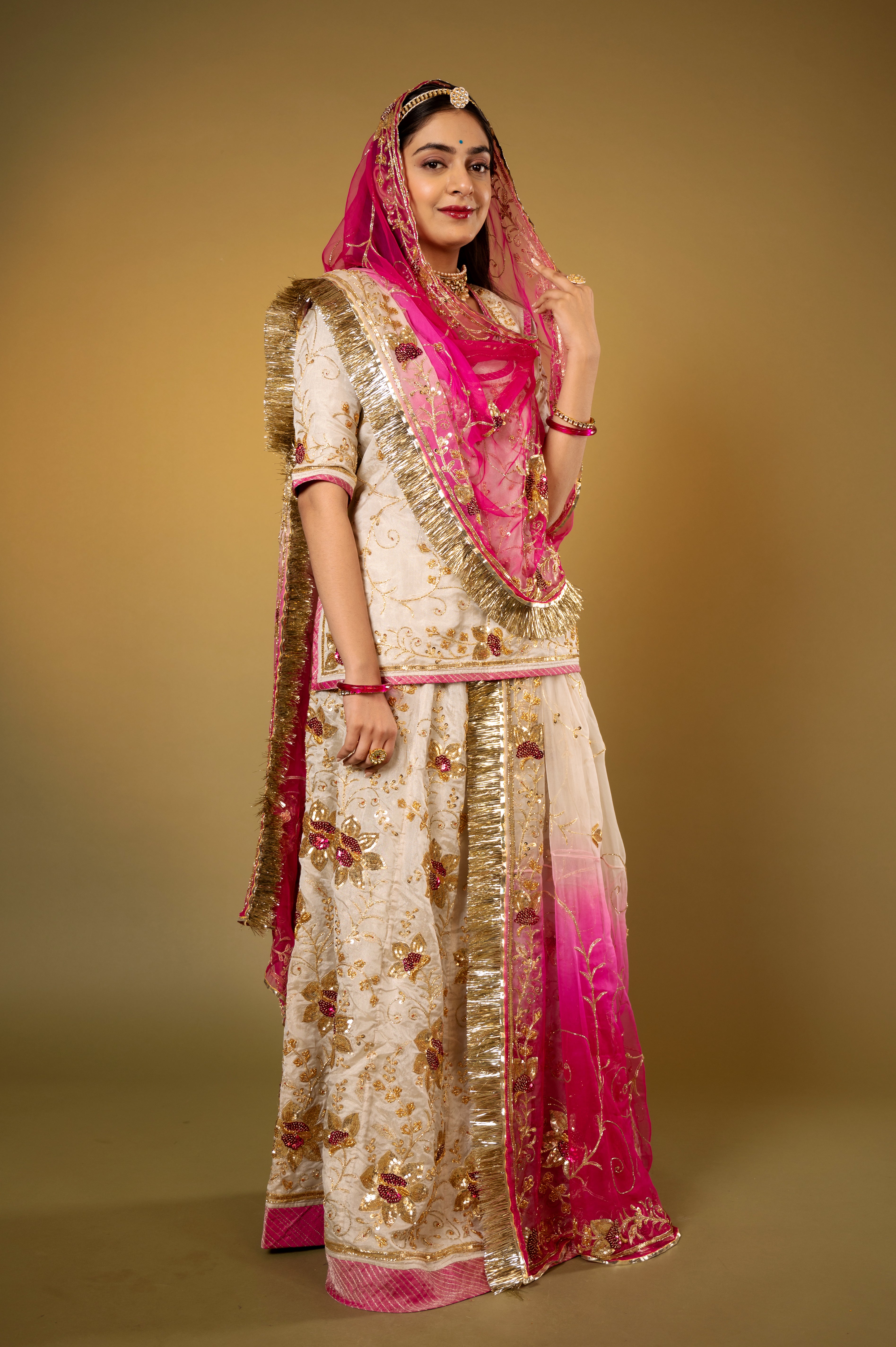 Ivory Pure Tissue Zardozi Sequins Jaal handwork Rajputi Poshak  with Pure odhna