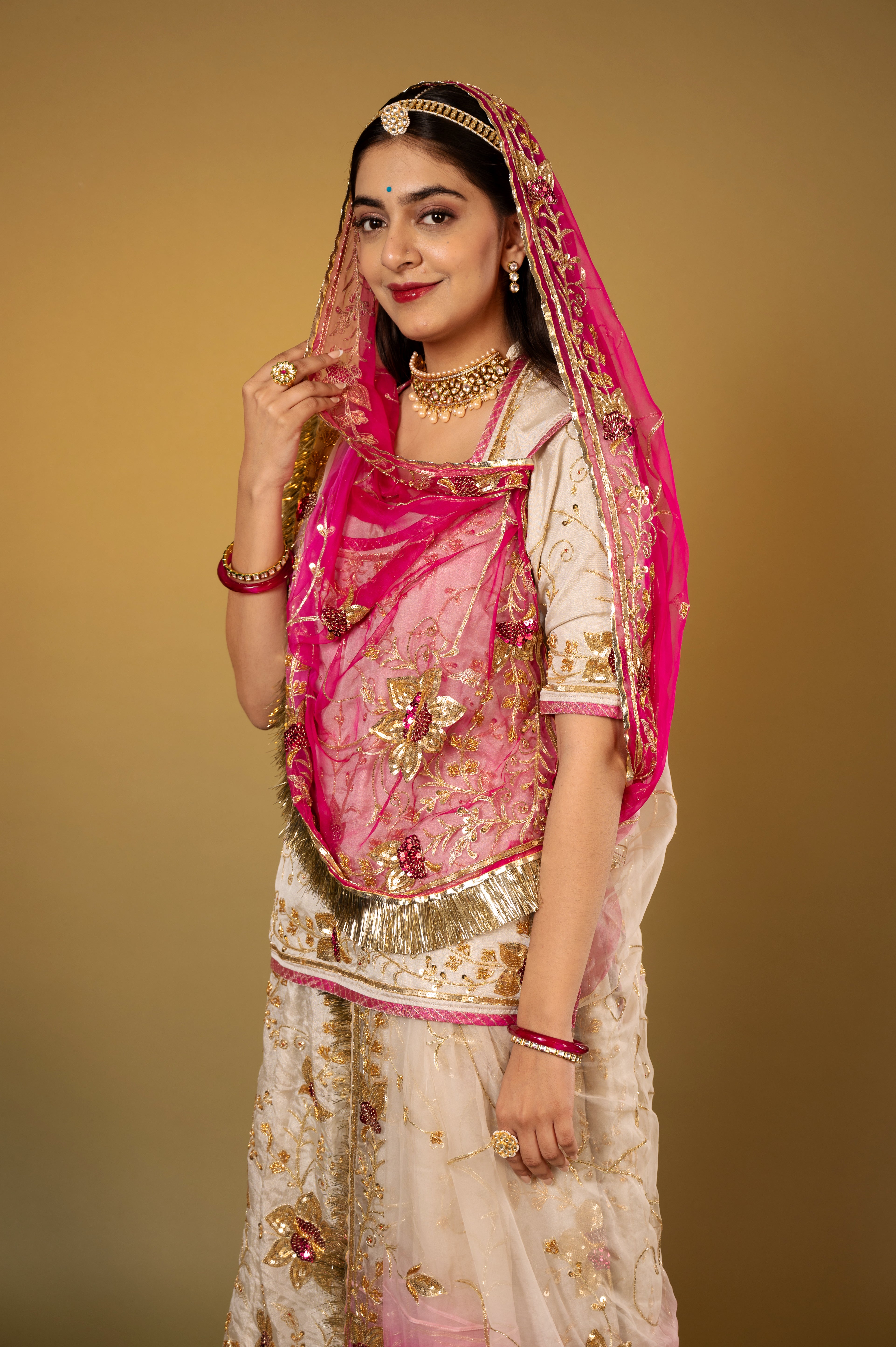 Ivory Pure Tissue Zardozi Sequins Jaal handwork Rajputi Poshak  with Pure odhna