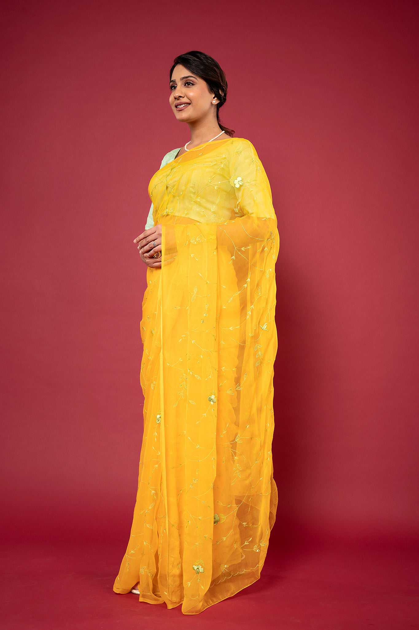Yellow viscose chiffon Resham Sequins jaal handwork casual wear saree