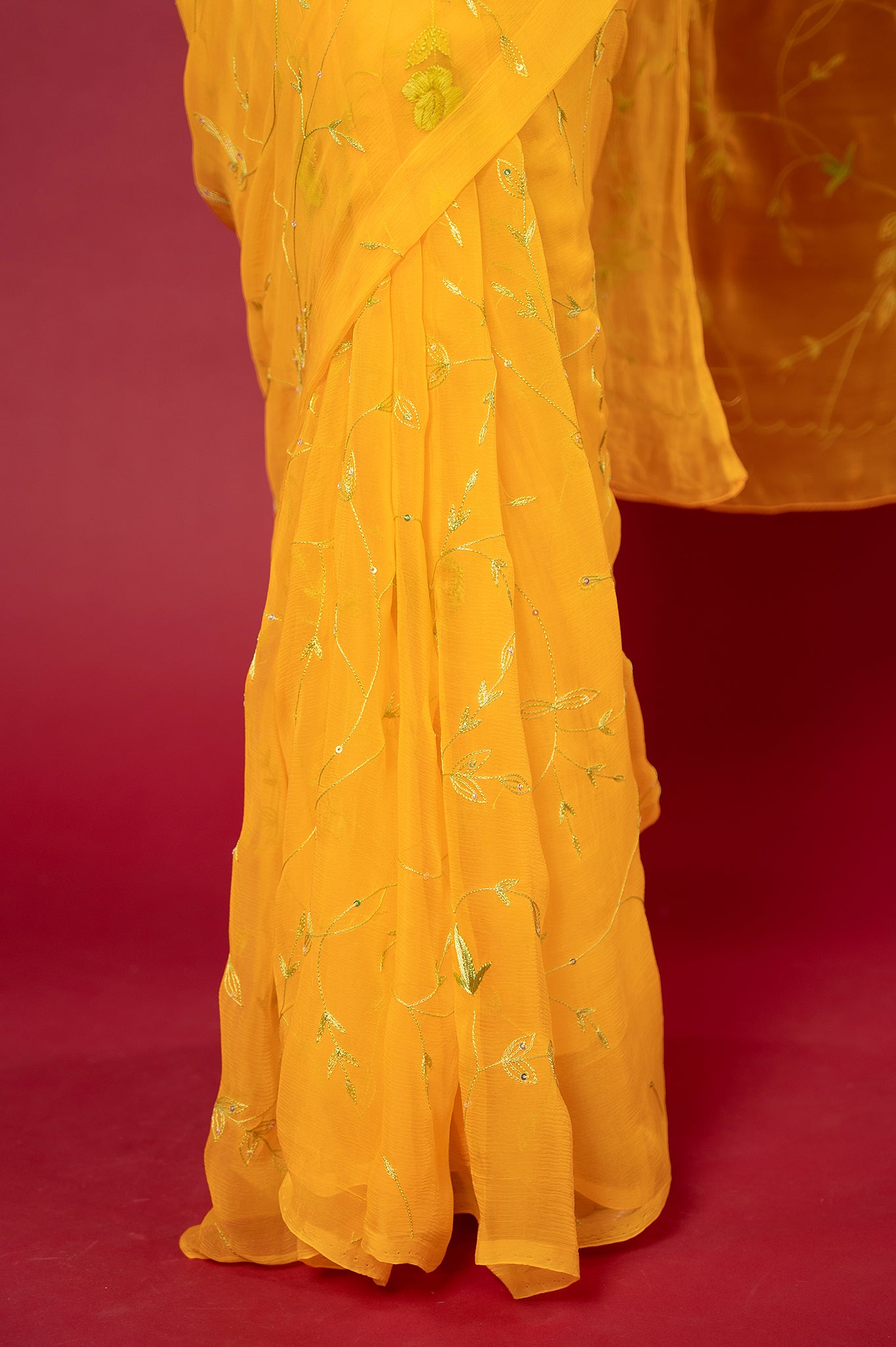 Yellow viscose chiffon Resham Sequins jaal handwork casual wear saree