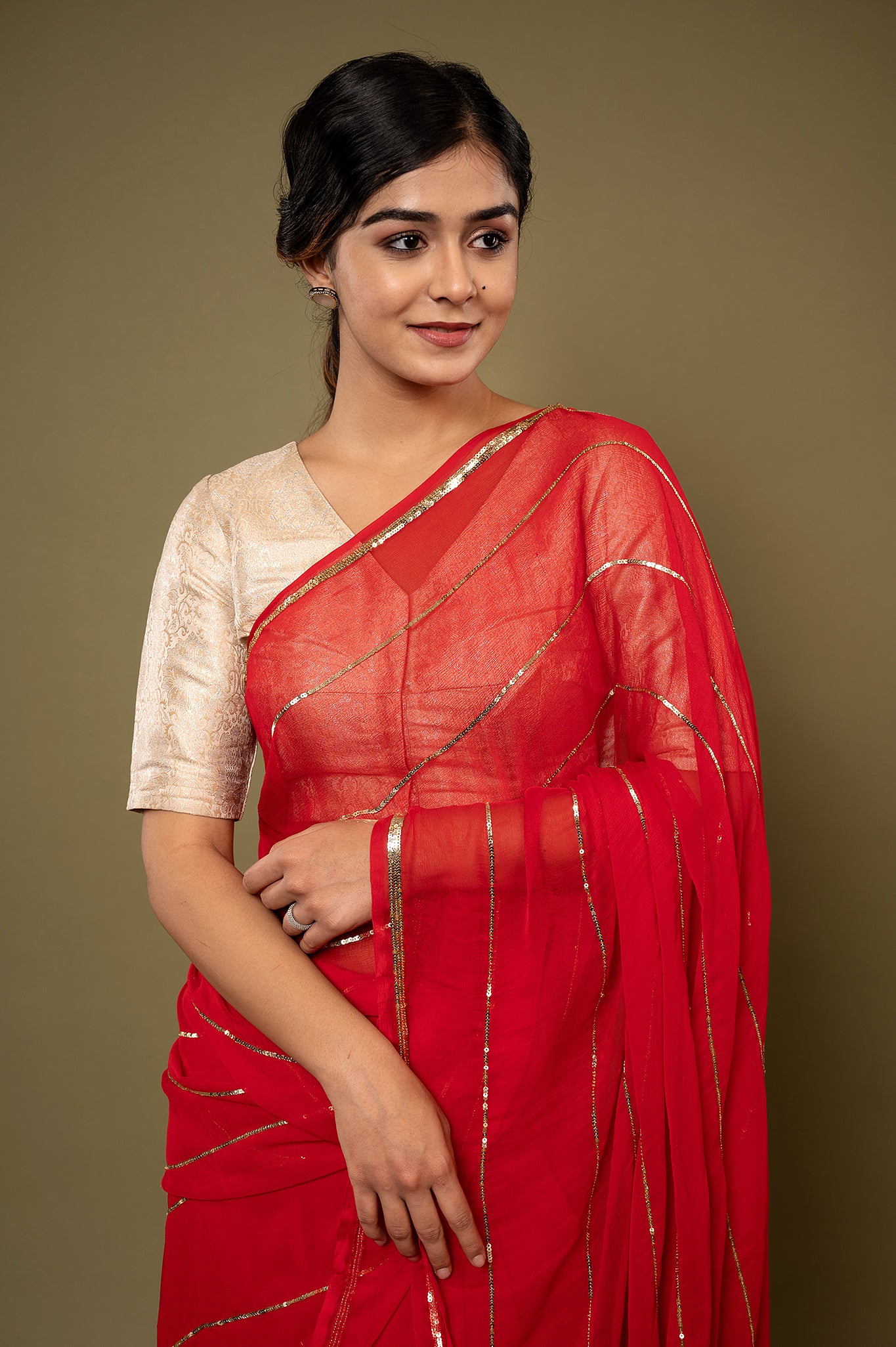 Red viscose chiffon sequins handwork casual wear saree