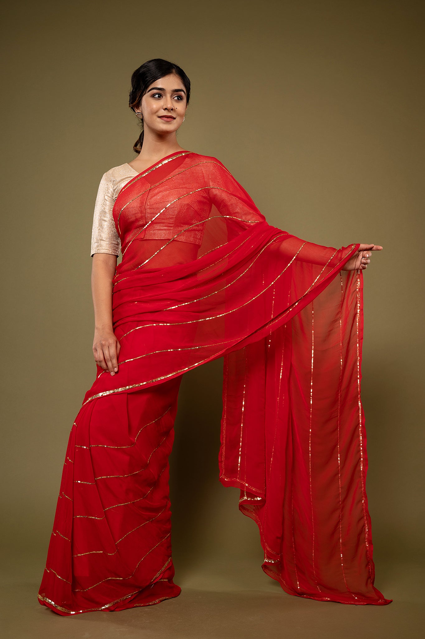 Red viscose chiffon sequins handwork casual wear saree