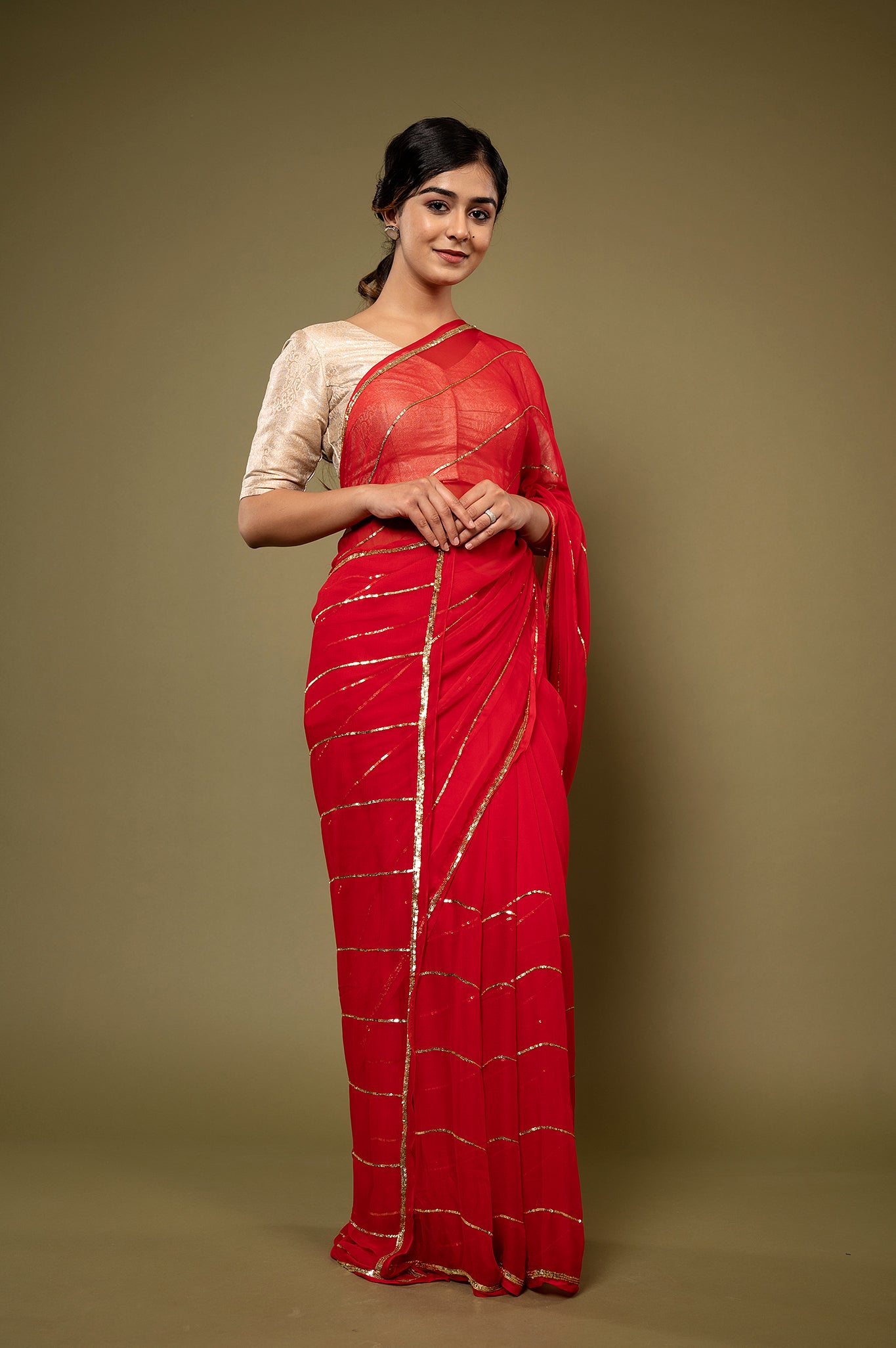 Red viscose chiffon sequins handwork casual wear saree