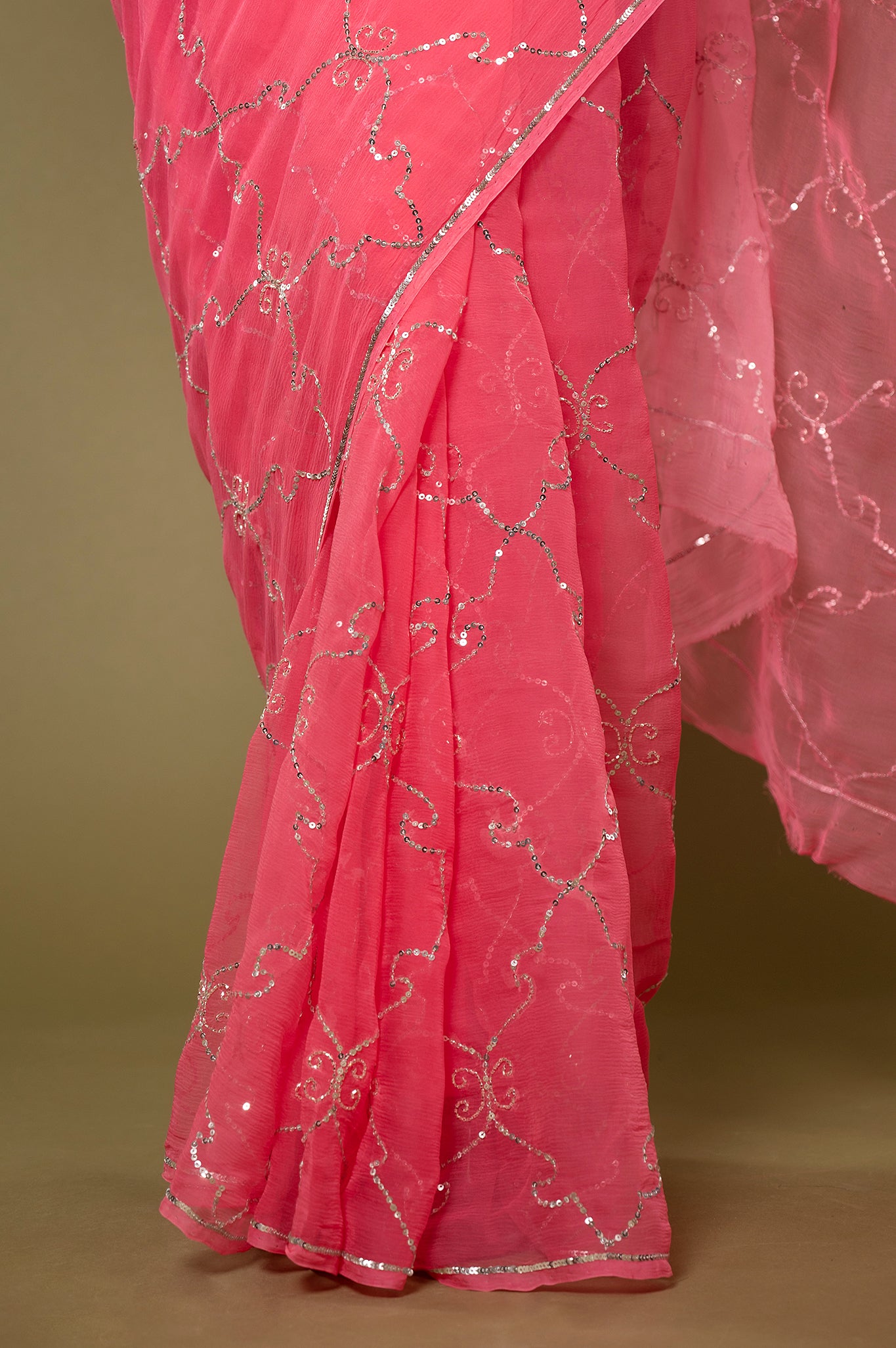 Pink light dark viscose chiffon Sequins jaal handwork casual wear saree