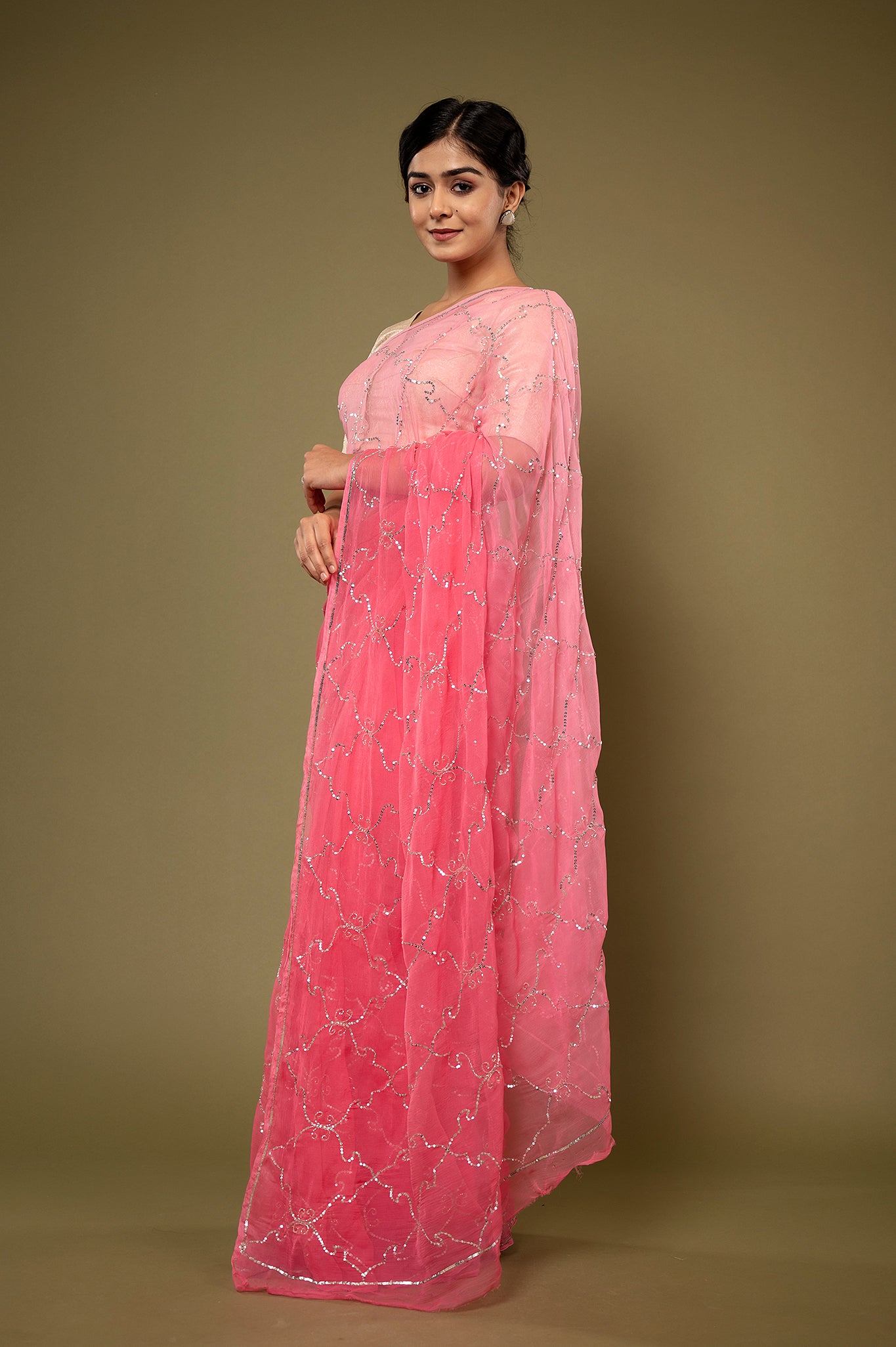 Pink light dark viscose chiffon Sequins jaal handwork casual wear saree