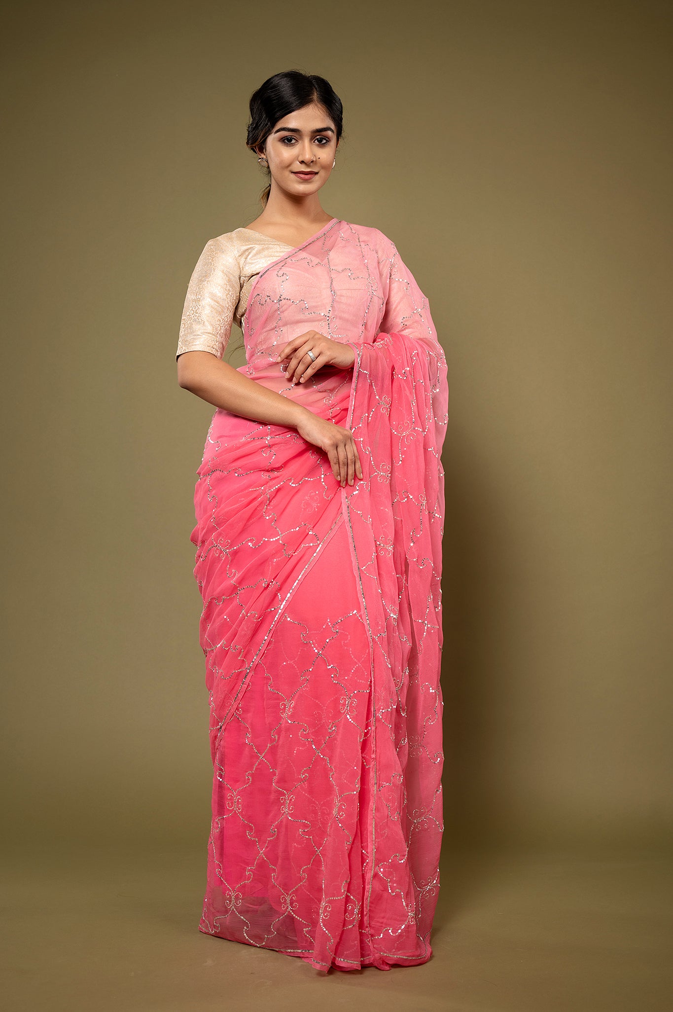 Pink light dark viscose chiffon Sequins jaal handwork casual wear saree