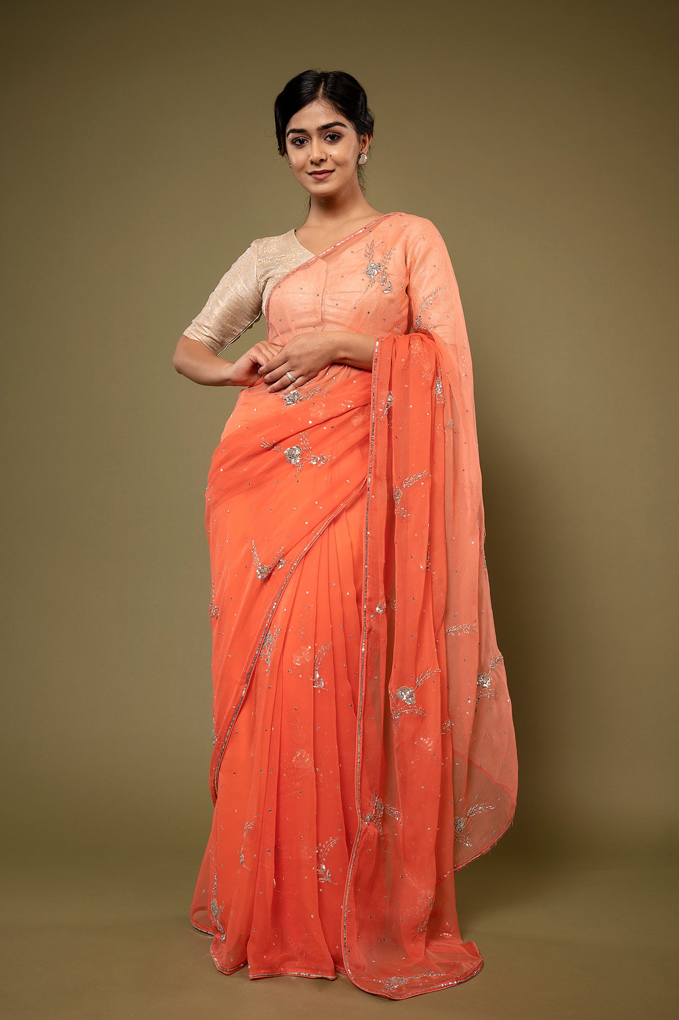 Peach viscose chiffon Sequins kardana motif handwork casual wear saree