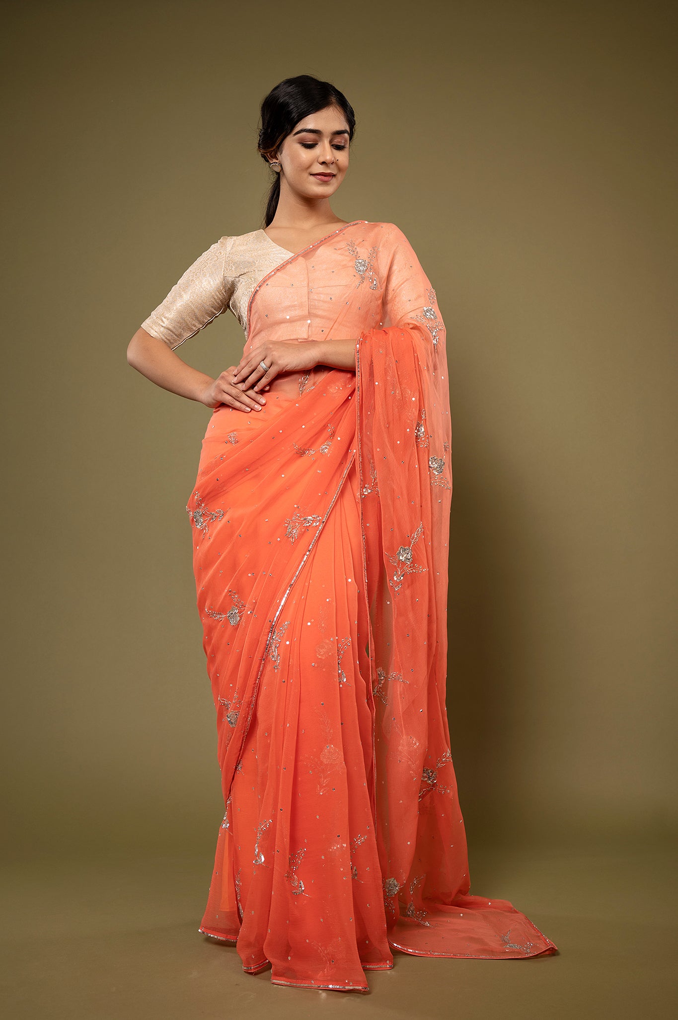 Peach viscose chiffon Sequins kardana motif handwork casual wear saree