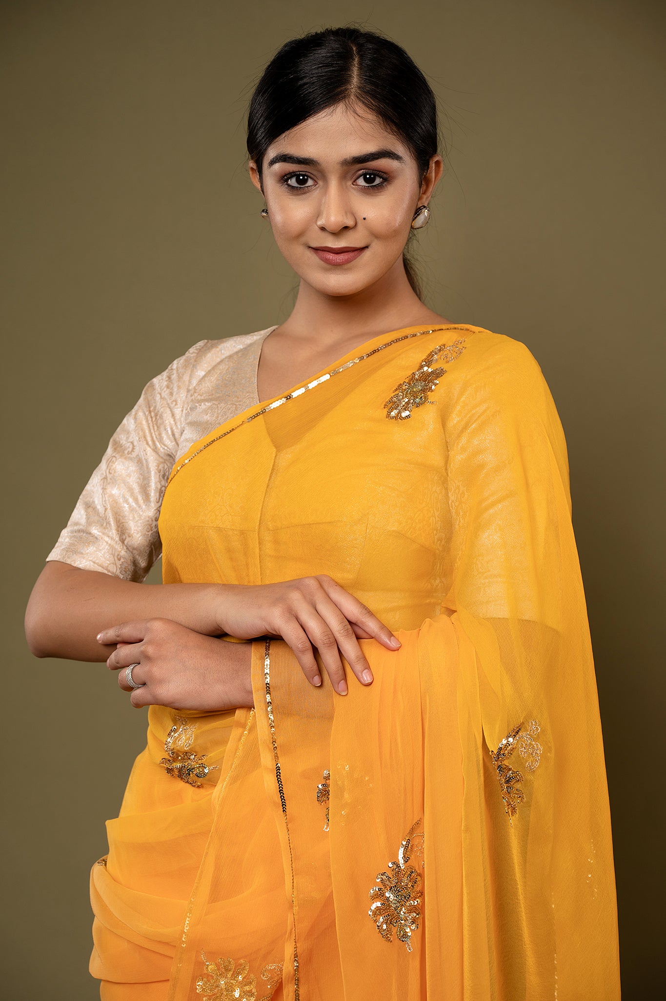 Mustard viscose chiffon sequins motif handwork casual wear saree