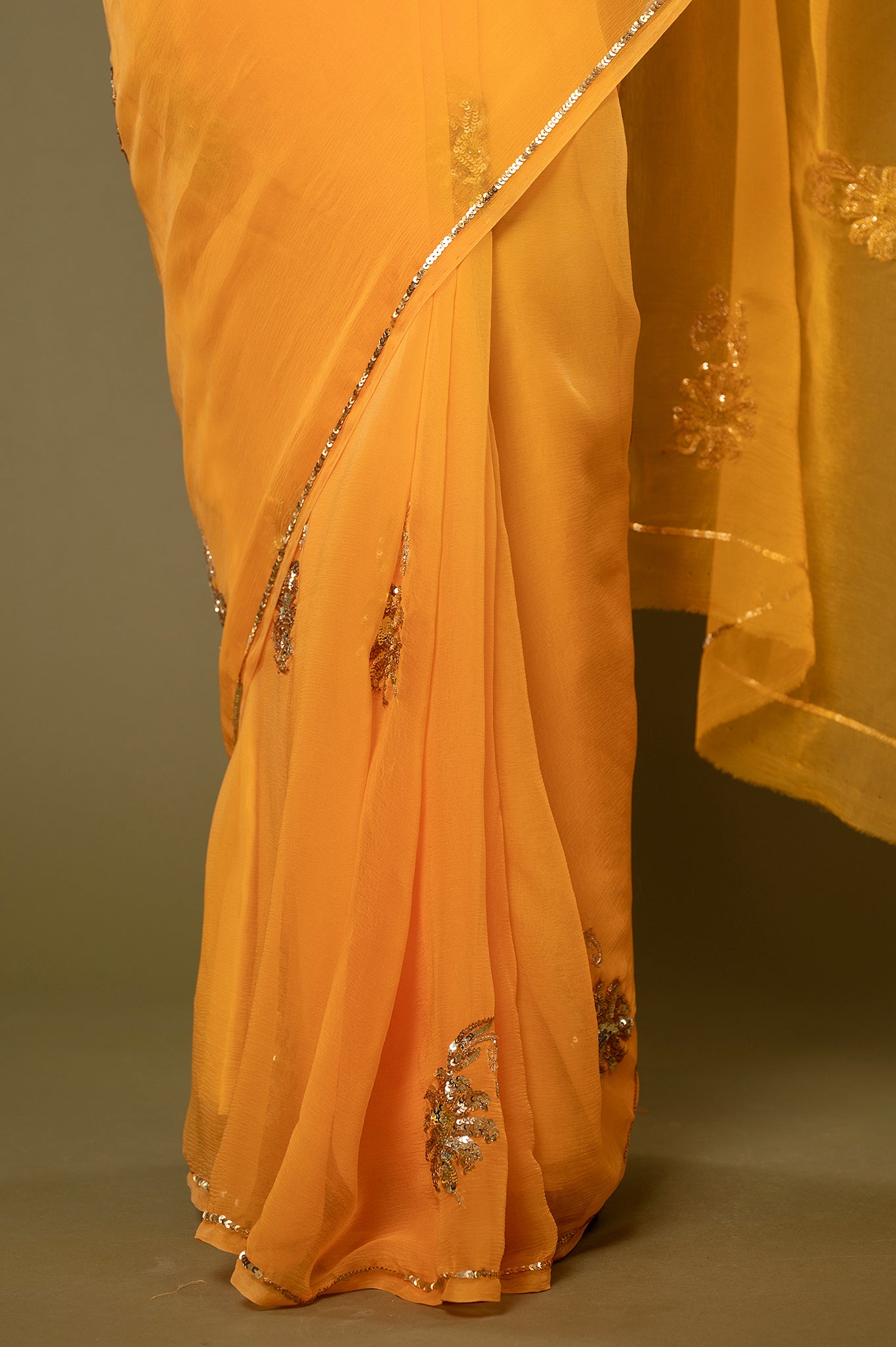 Mustard viscose chiffon sequins motif handwork casual wear saree