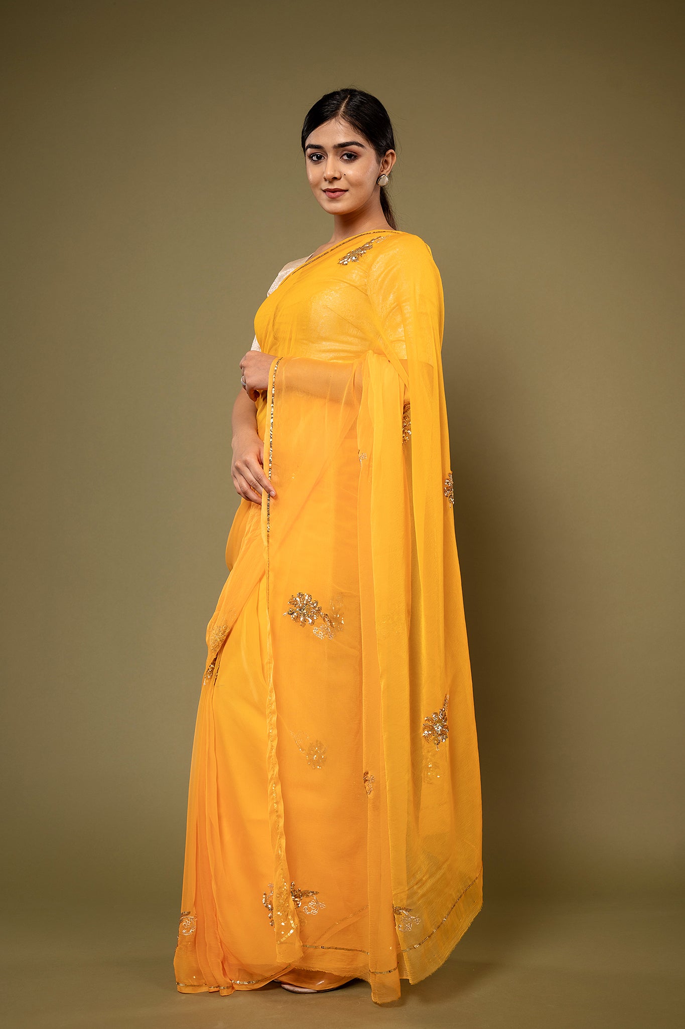 Mustard viscose chiffon sequins motif handwork casual wear saree