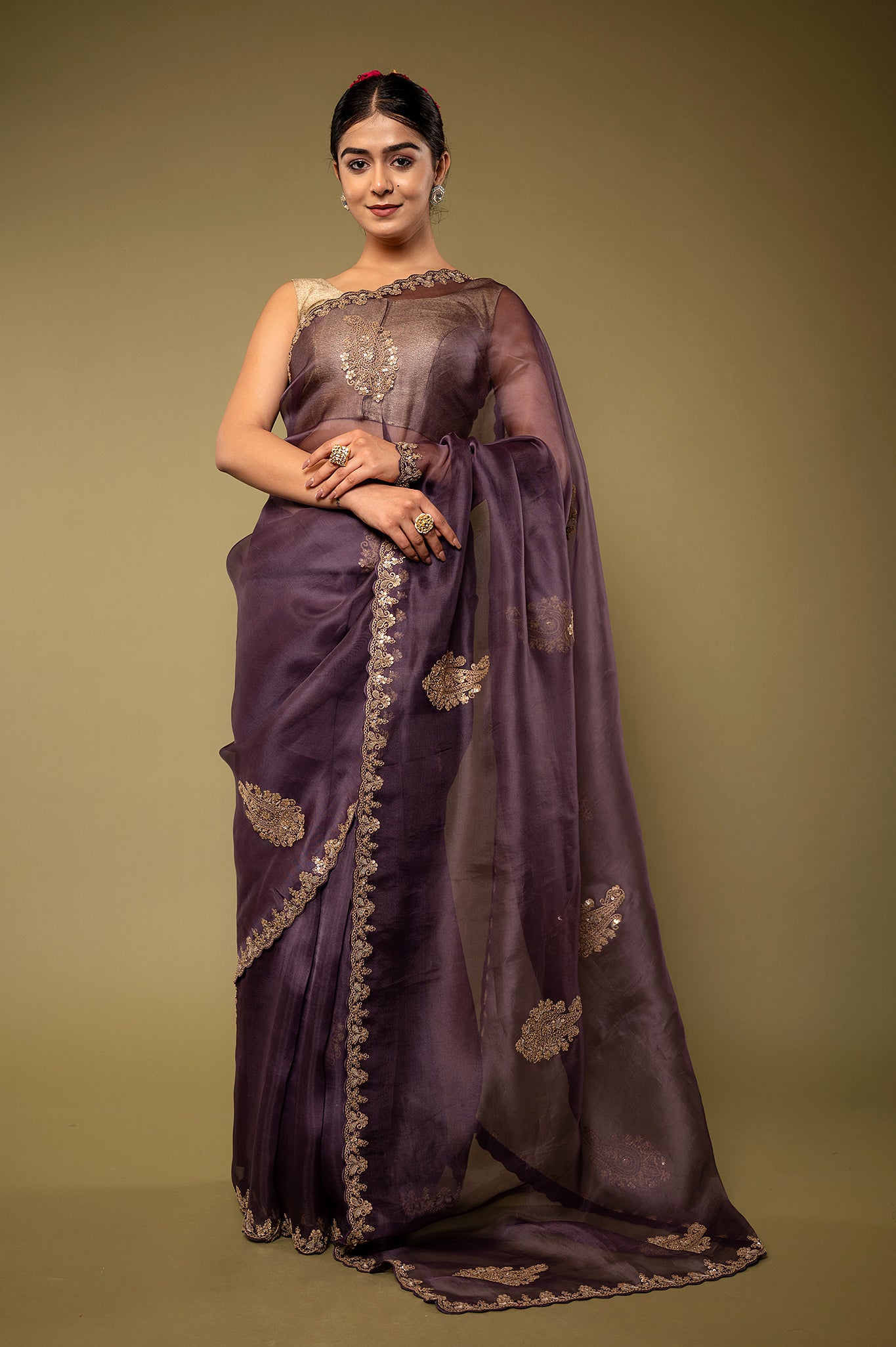 Purple   Organza  Dapka Marodi Border Butti  handwork saree