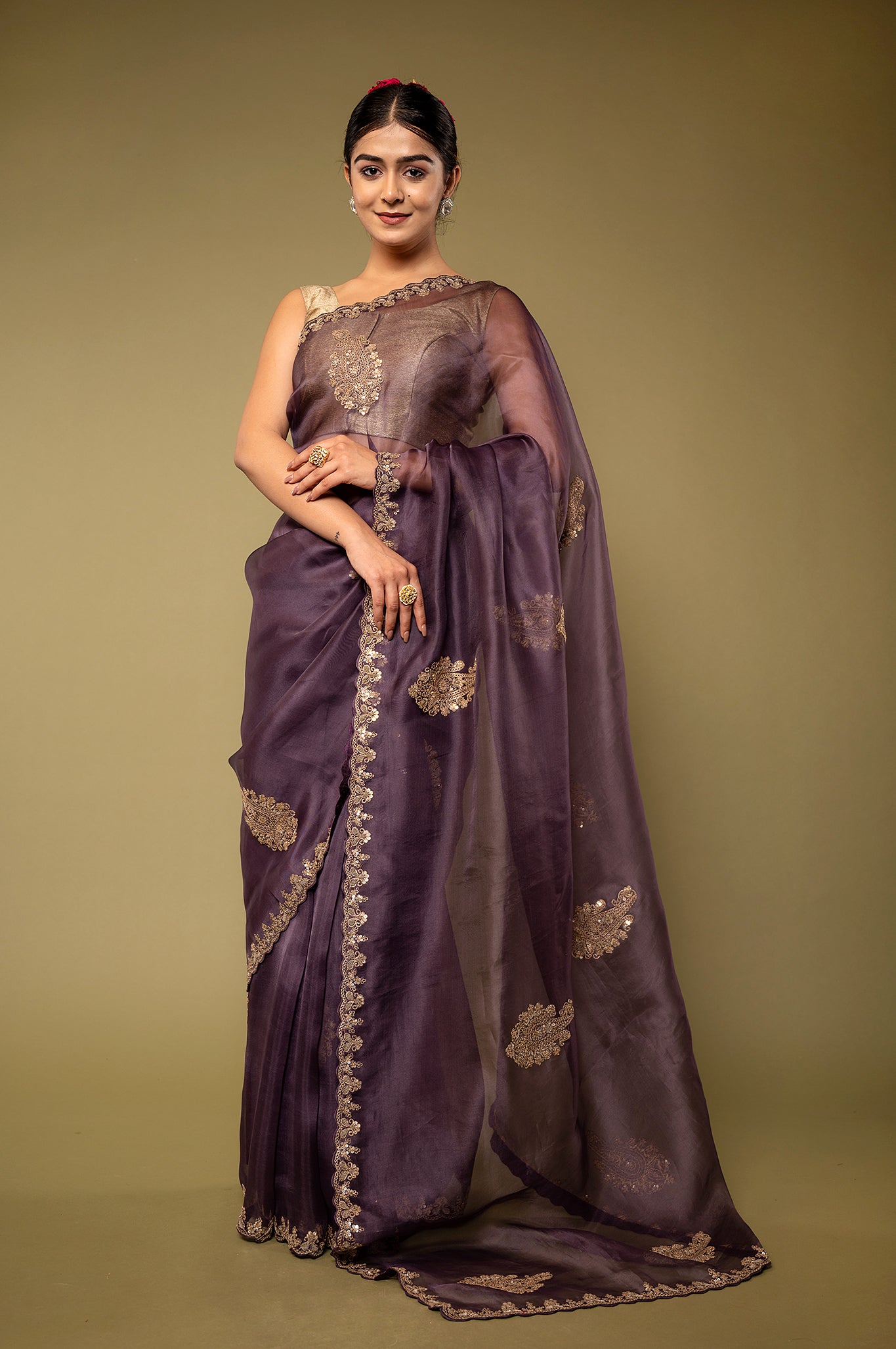 Purple   Organza  Dapka Marodi Border Butti  handwork saree