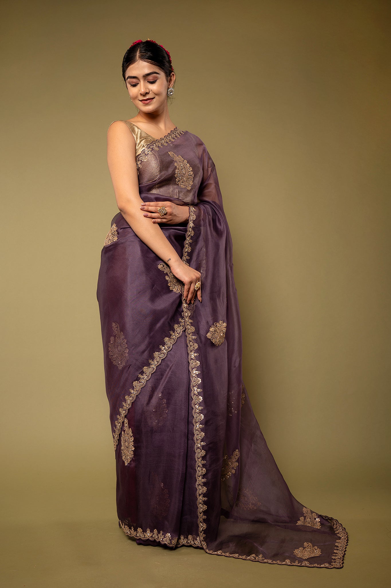 Purple   Organza  Dapka Marodi Border Butti  handwork saree