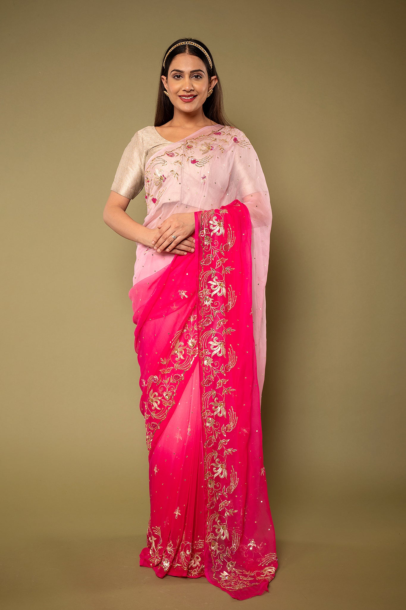 Pink light dark Pure chiffon aari sequins handwork party wear saree