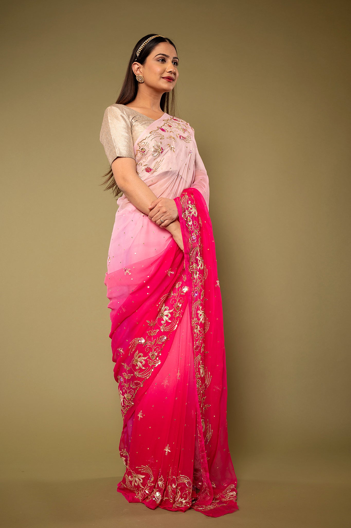 Pink light dark Pure chiffon aari sequins handwork party wear saree