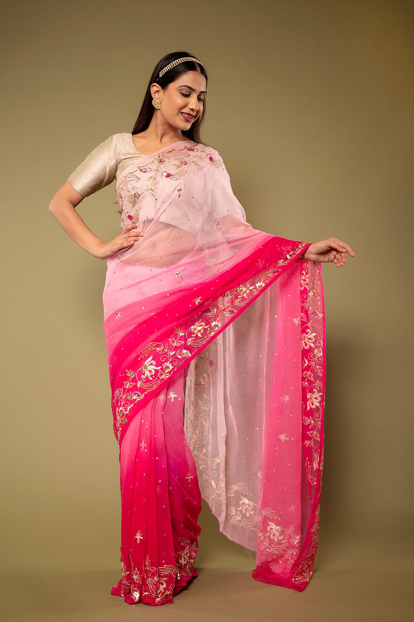 Pink light dark Pure chiffon aari sequins handwork party wear saree