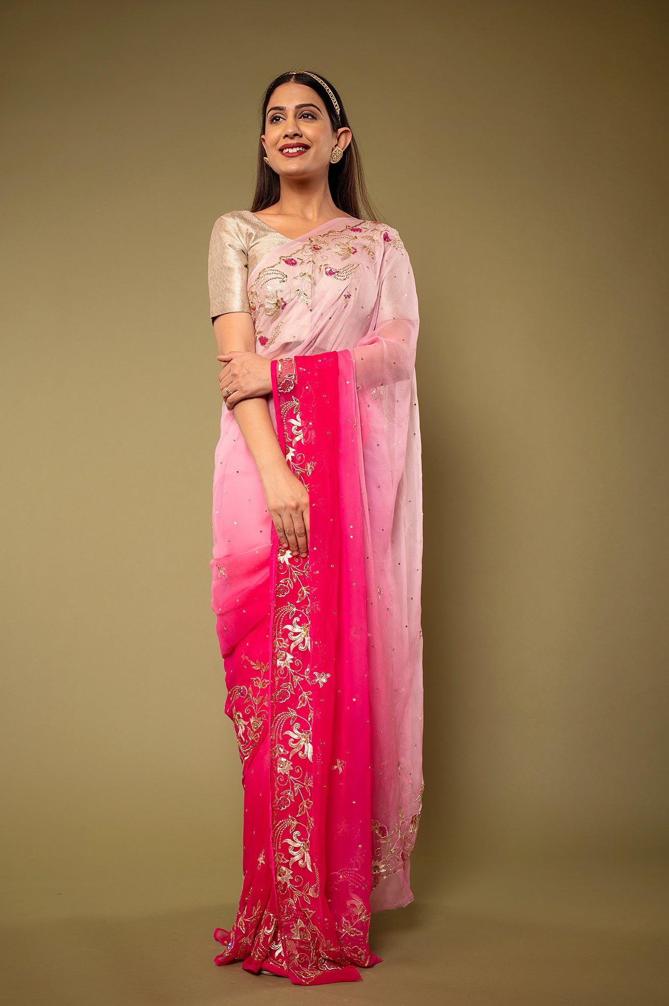 Pink light dark Pure chiffon aari sequins handwork party wear saree