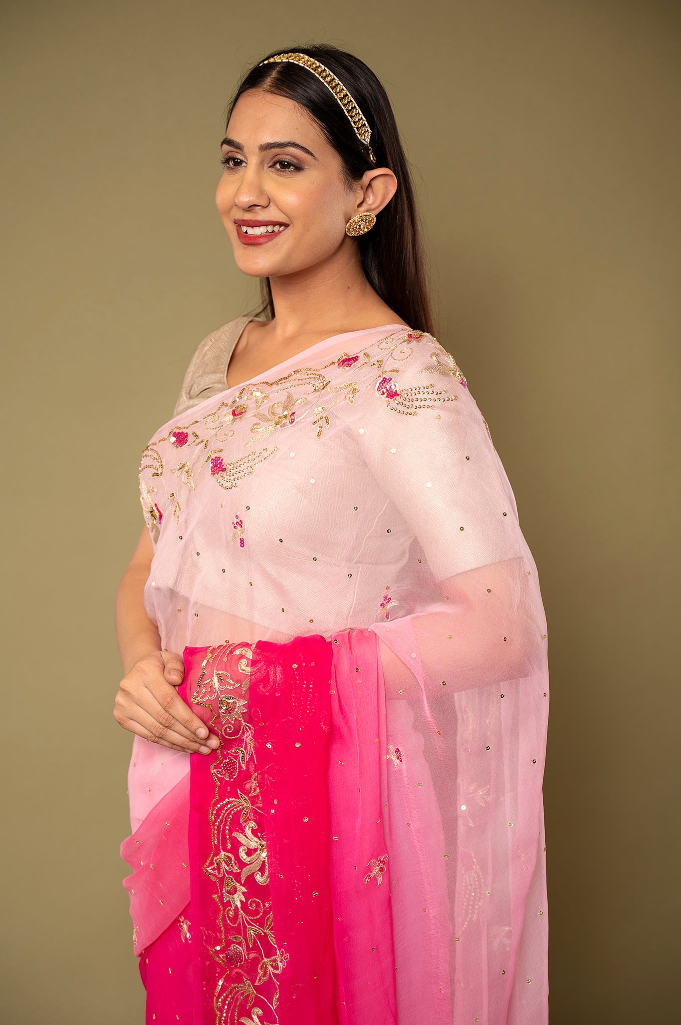 Pink light dark viscose chiffon aari sequins handwork party wear saree