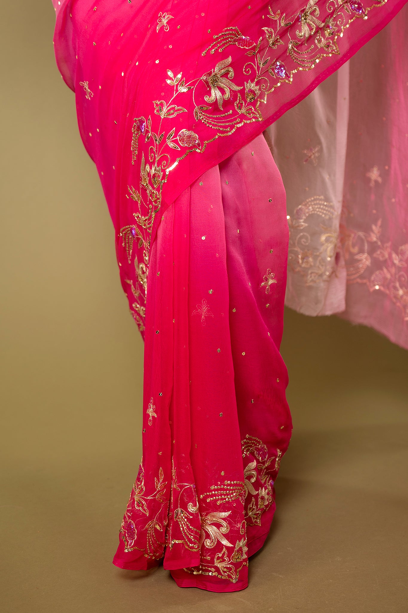 Pink light dark Pure chiffon aari sequins handwork party wear saree