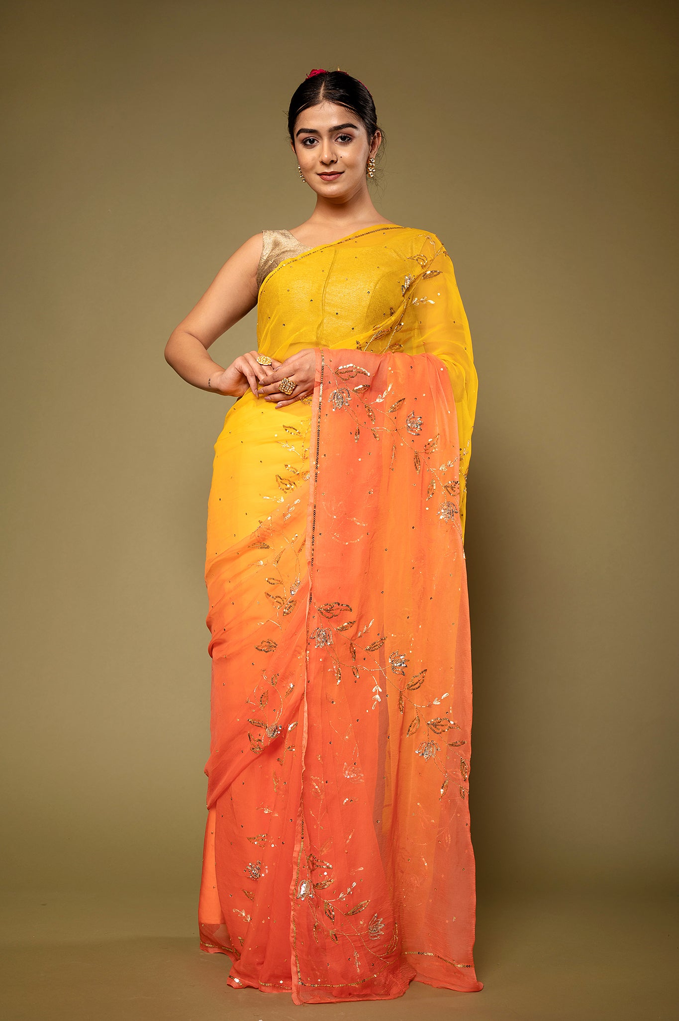 Orange yellow light dark viscose chiffon aari sequins  handwork casual wear saree