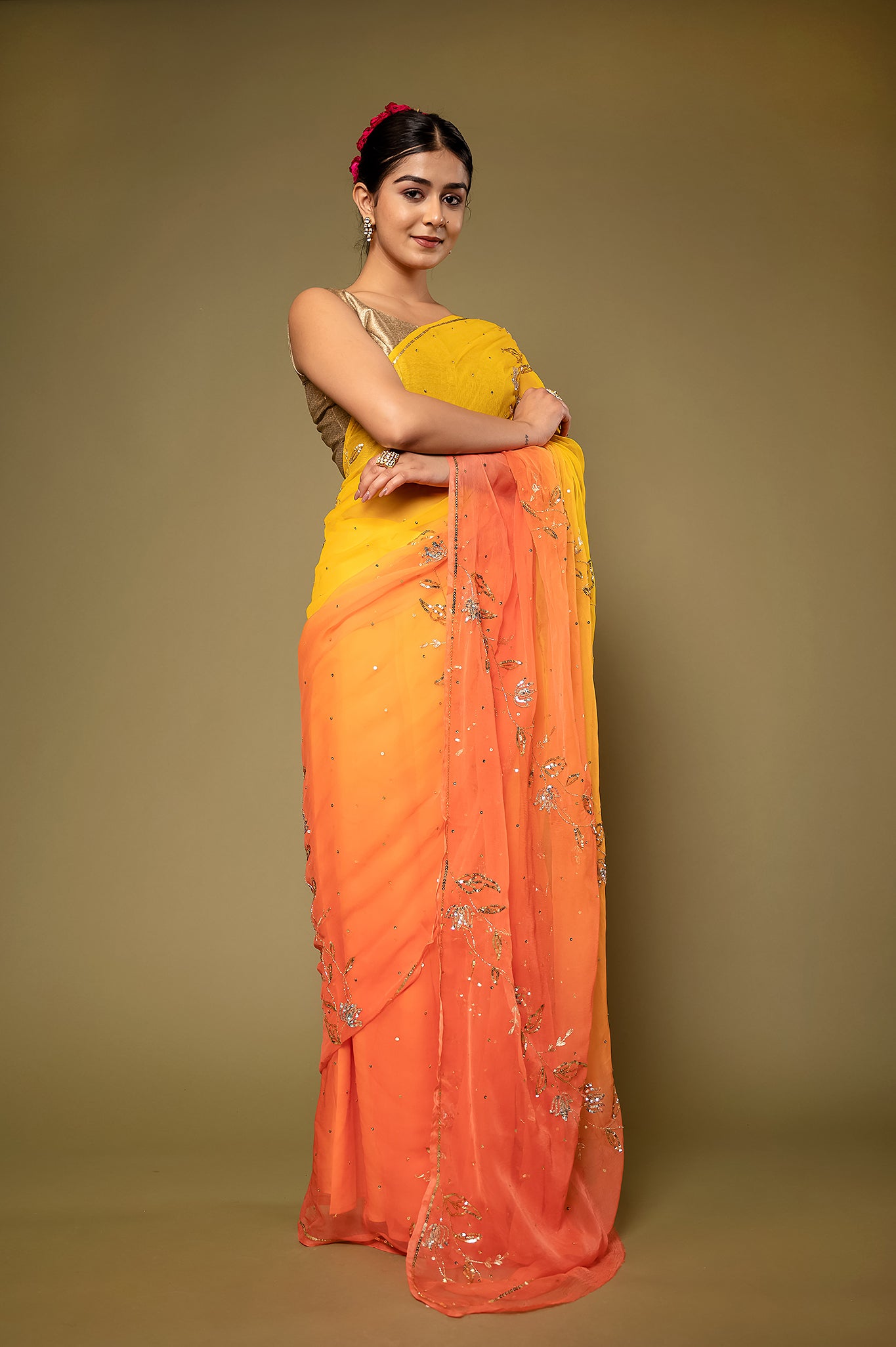 Orange yellow light dark viscose chiffon aari sequins  handwork casual wear saree