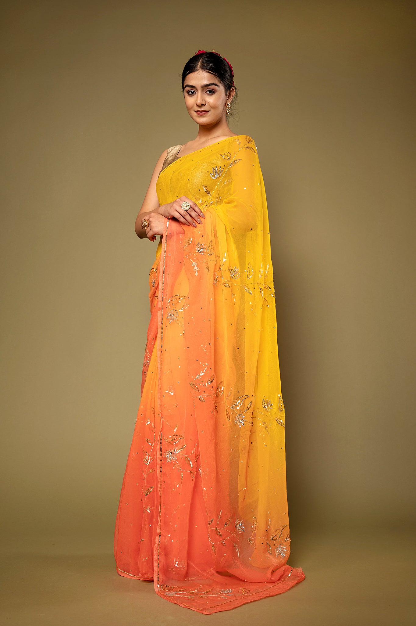Orange yellow light dark viscose chiffon aari sequins  handwork casual wear saree