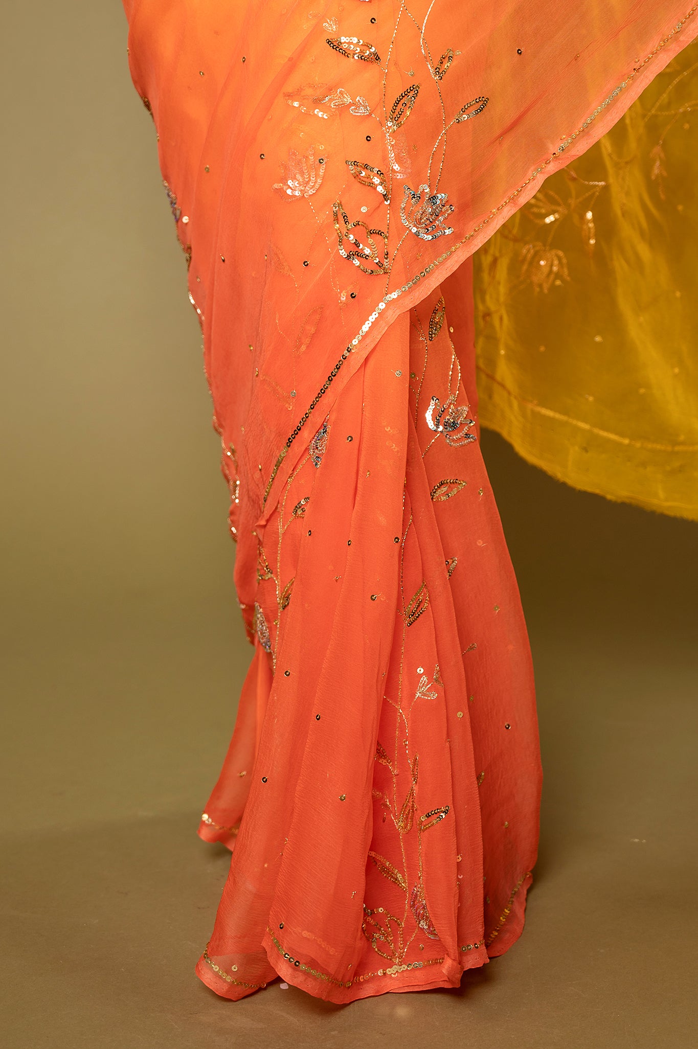 Orange yellow light dark viscose chiffon aari sequins  handwork casual wear saree