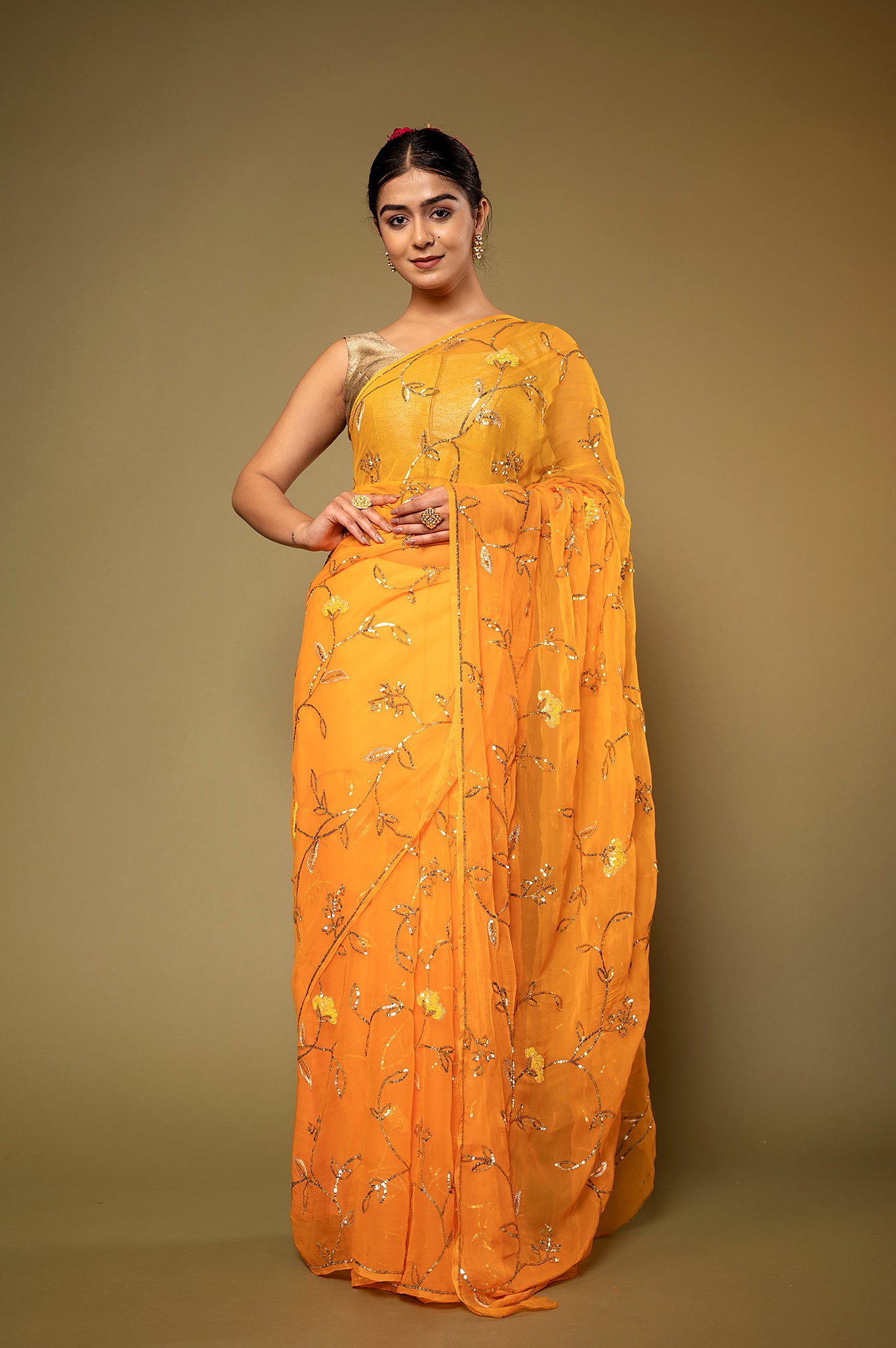 Orange Viscose Chiffon Sequins Jaal Handwork  Saree