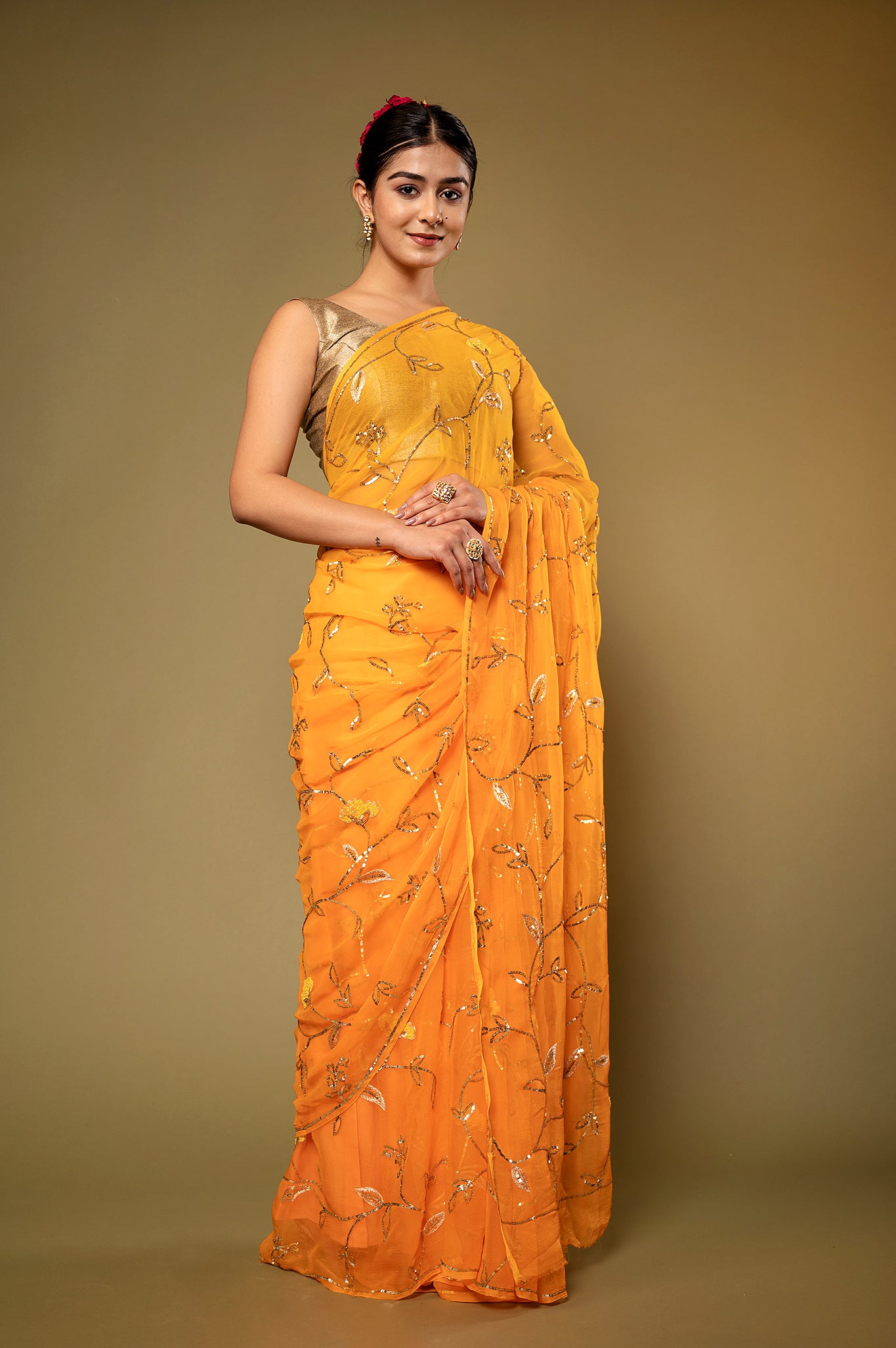 Orange Viscose Chiffon Sequins Jaal Handwork  Saree