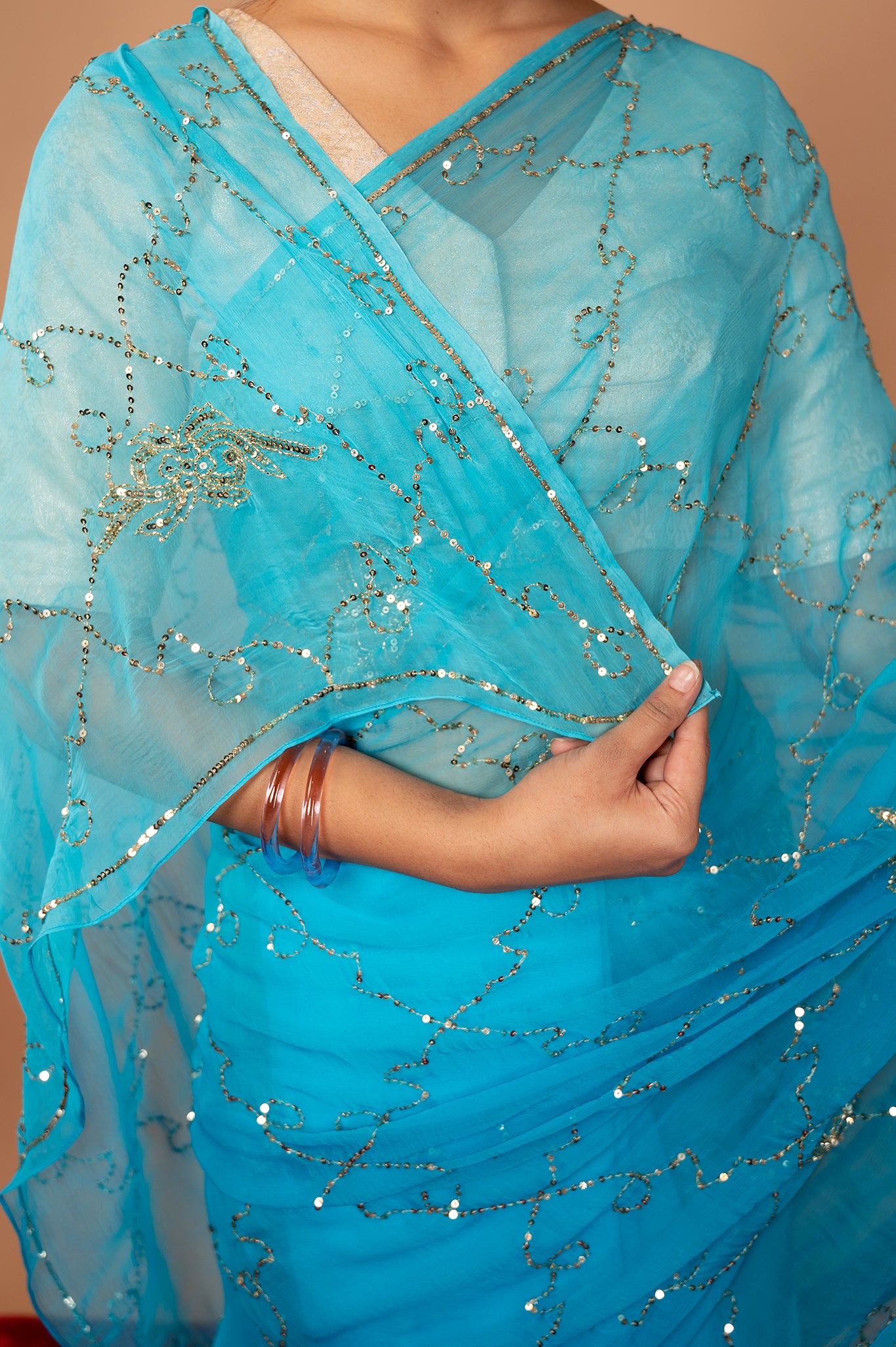 blue viscose chiffon Sequins jaal handwork party wear saree
