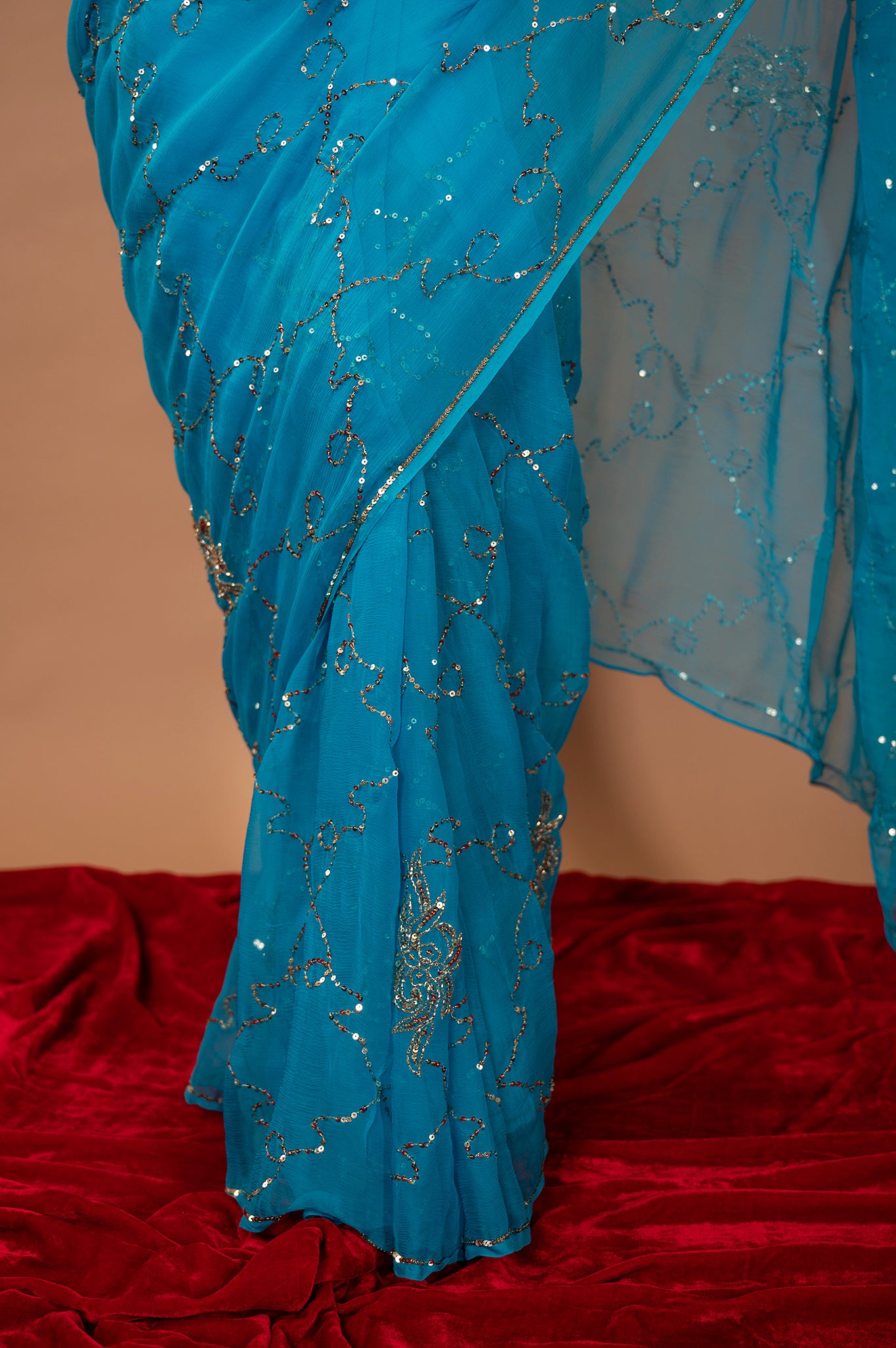 blue viscose chiffon Sequins jaal handwork party wear saree