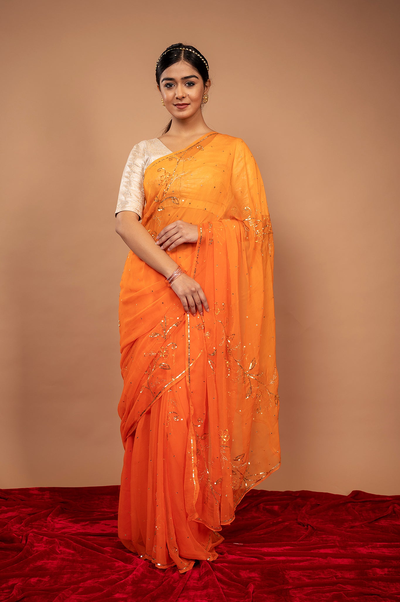 Orange  viscose chiffon sequins woek handwork party wear saree