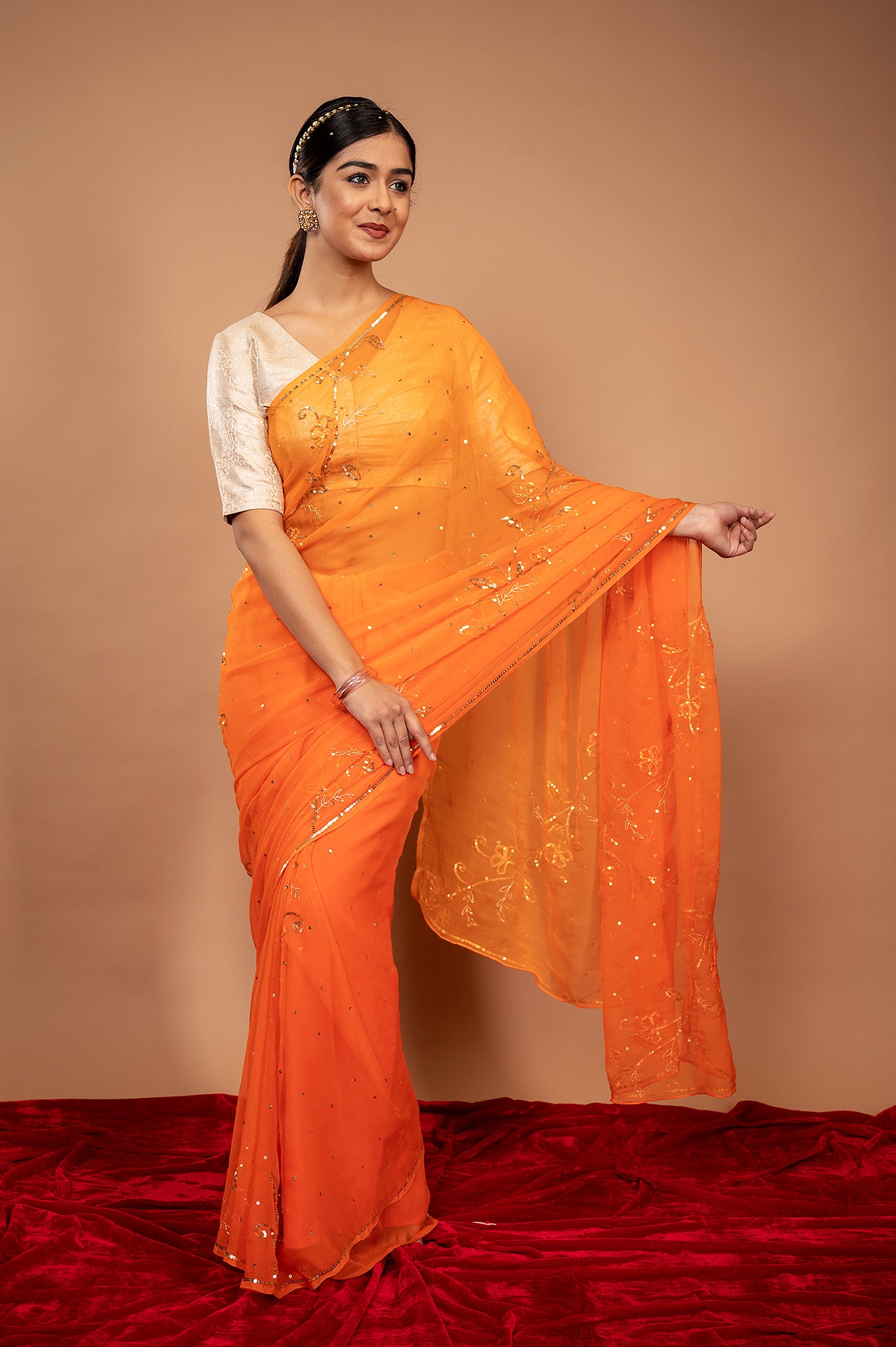 Orange  viscose chiffon sequins woek handwork party wear saree