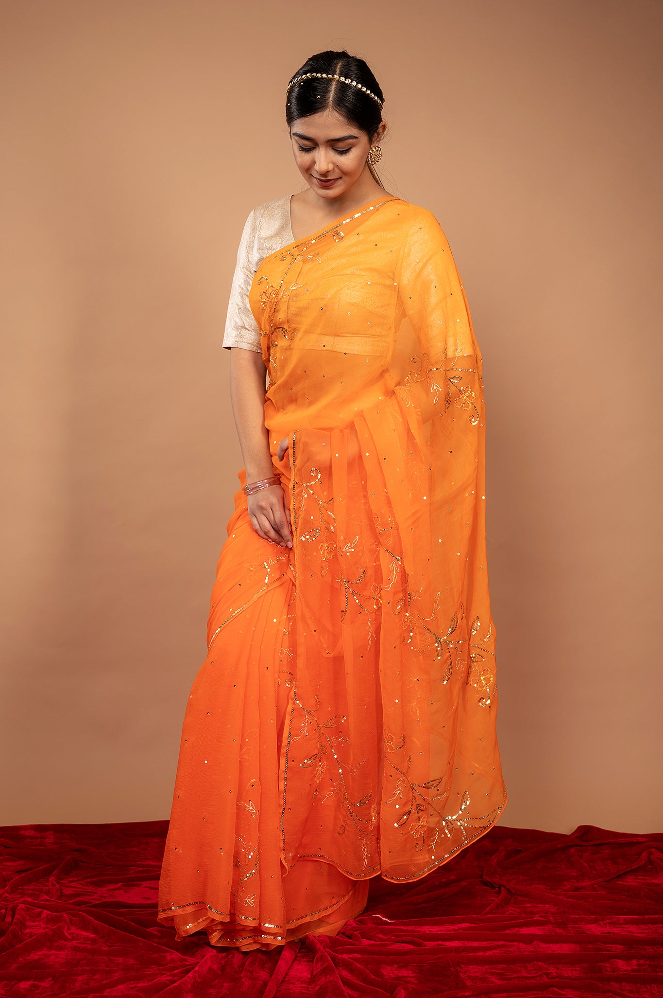 Orange  viscose chiffon sequins woek handwork party wear saree