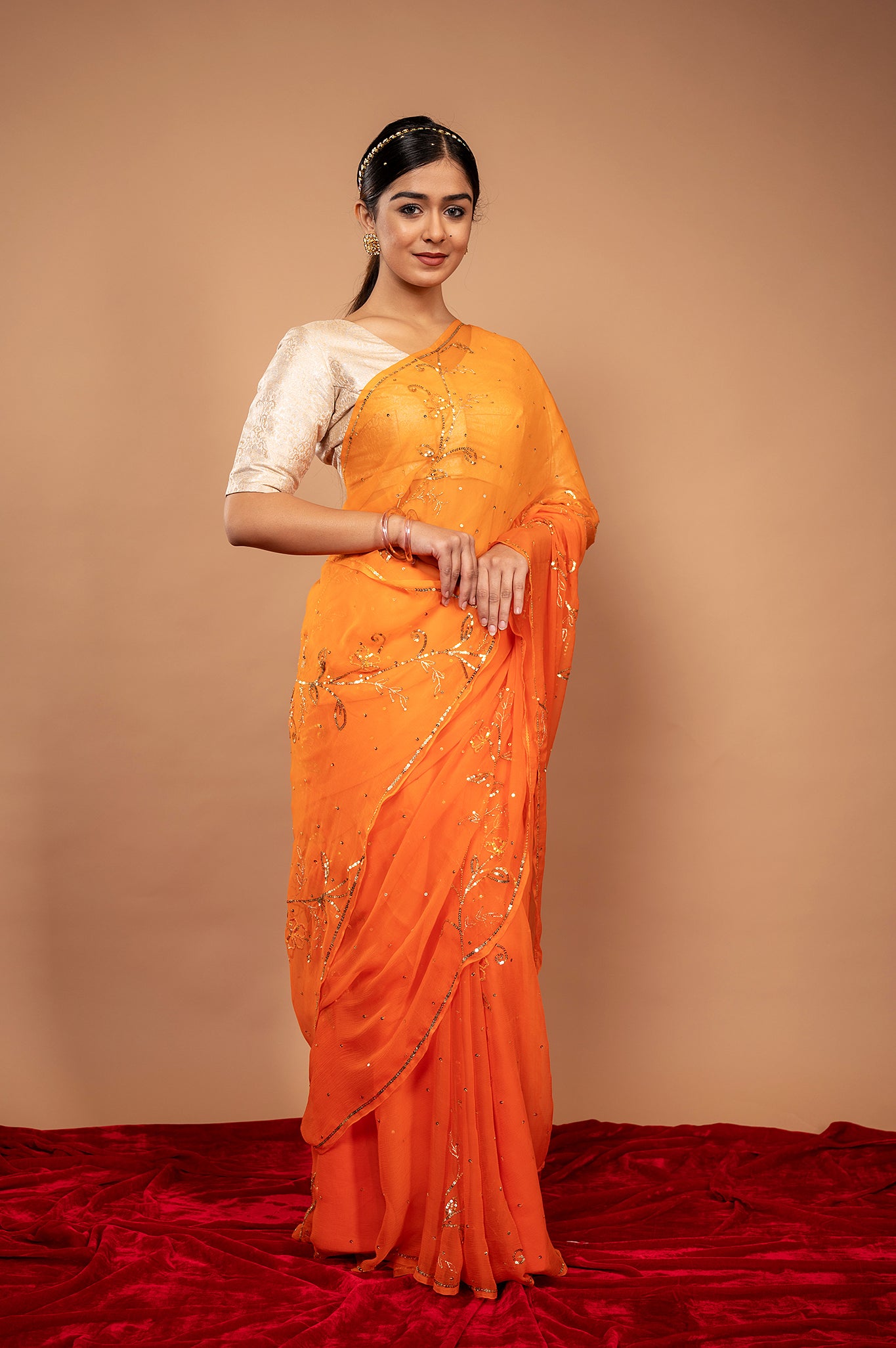 Orange  viscose chiffon sequins woek handwork party wear saree