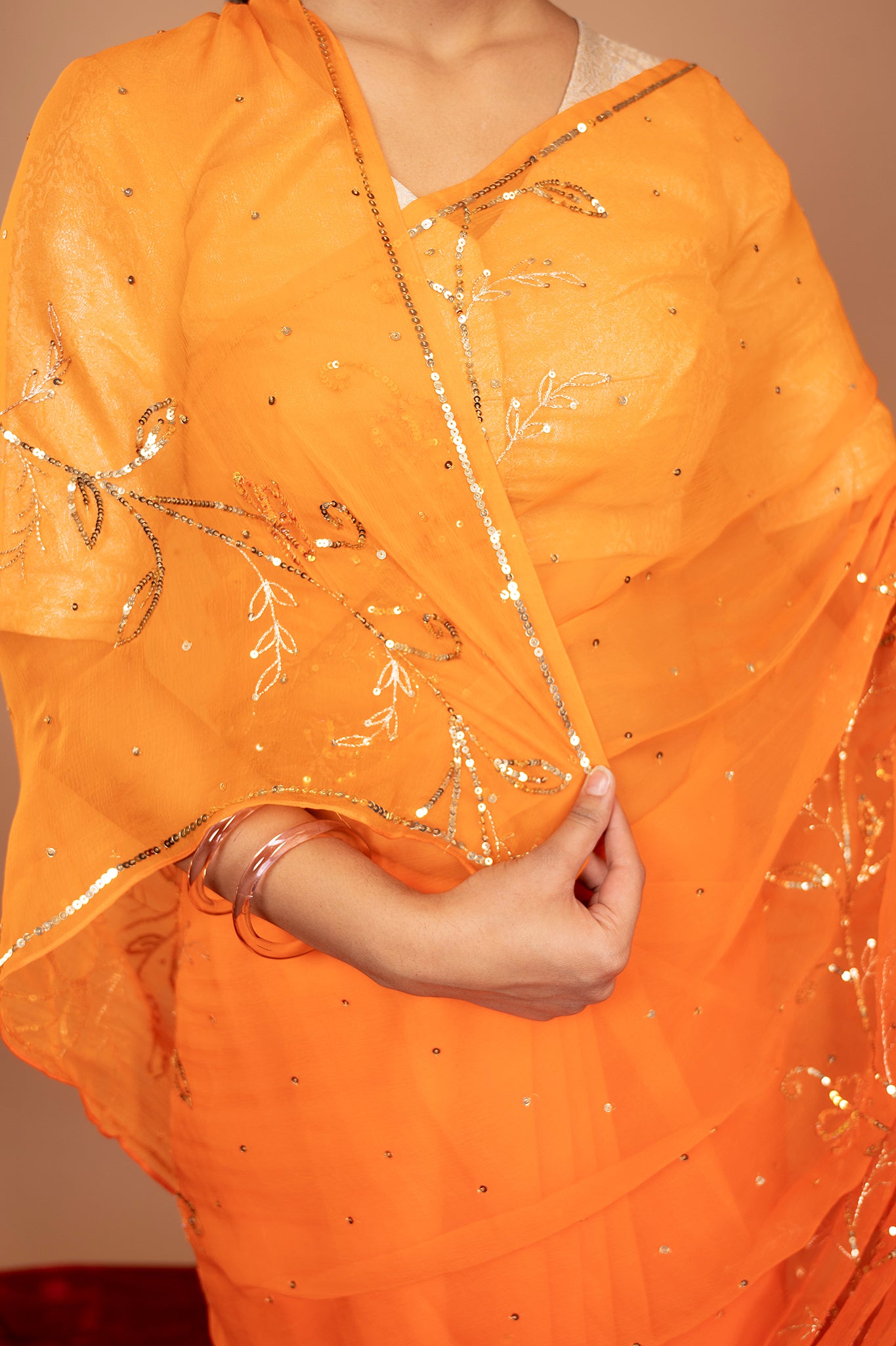Orange  viscose chiffon sequins woek handwork party wear saree